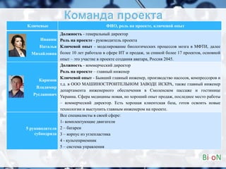 13
Ключевые ФИО, роль на проекте, ключевой опыт
Иванюк
Наталья
Михайловна
Должность - генеральный директор
Роль на проекте - руководитель проекта
Ключевой опыт - моделирование биологических процессов мозга в МФТИ, далее
более 10 лет работала в сфере ИТ и продаж, за спиной более 17 проектов, основной
опыт – это участие в проекте создания аватара, Россия 2045.
Каримов
Владимир
Русланович
Должность - коммерческий директор
Роль на проекте – главный инженер
Ключевой опыт - Бывший главный инженер, производство насосов, компрессоров и
т.д. в ООО МАШИНОСТРОИТЕЛЬНОМ ЗАВОДЕ ИСКРА, также главный инженер
департамента инженерного обеспечения в Смоленском пассаже и гостинице
Украина. Сфера медицины новая, но хороший опыт продаж, последнее место работы
– коммерческий директор. Есть хорошая клиентская база, готов освоить новые
технологии и выступить главным инженером на проекте.
5 руководителя
субподряда
Все специалисты в своей сфере:
1- комплектующие двигатели
2 – батареи
3 – корпус из углепластика
4 - культеприемник
5 – система управления
 