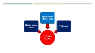 FUTURE
SCOPE
Flying micro
robot
Agriculture
Robot Suit
Vitirover
 