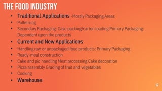 The Food Industry
▪ Traditional Applications -Mostly Packaging Areas
• Palletizing
• Secondary Packaging: Case packing/carton loading Primary Packaging:
Dependent upon the products
▪ Current and New Applications
• Handling raw or unpackaged food products: Primary Packaging
• Ready-meal construction
• Cake and pic handling Meat processing Cake decoration
• Pizza assembly Grading of fruit and vegetables
• Cooking
▪ Warehouse
17
 