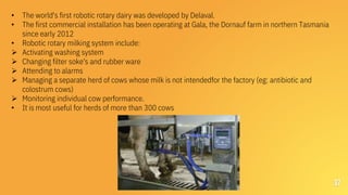 37
• The world's first robotic rotary dairy was developed by Delaval.
• The first commercial installation has been operating at Gala, the Dornauf farm in northern Tasmania
since early 2012
• Robotic rotary milking system include:
 Activating washing system
 Changing filter soke's and rubber ware
 Attending to alarms
 Managing a separate herd of cows whose milk is not intendedfor the factory (eg: antibiotic and
colostrum cows)
 Monitoring individual cow performance.
• It is most useful for herds of more than 300 cows
 