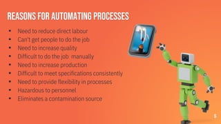Reasons for Automating Processes
▪ Need to reduce direct labour
▪ Can't get people to do the job
▪ Need to increase quality
▪ Difficult to do the job manually
▪ Need to increase production
▪ Difficult to meet specifications consistently
▪ Need to provide flexibility in processes
▪ Hazardous to personnel
▪ Eliminates a contamination source
6
 