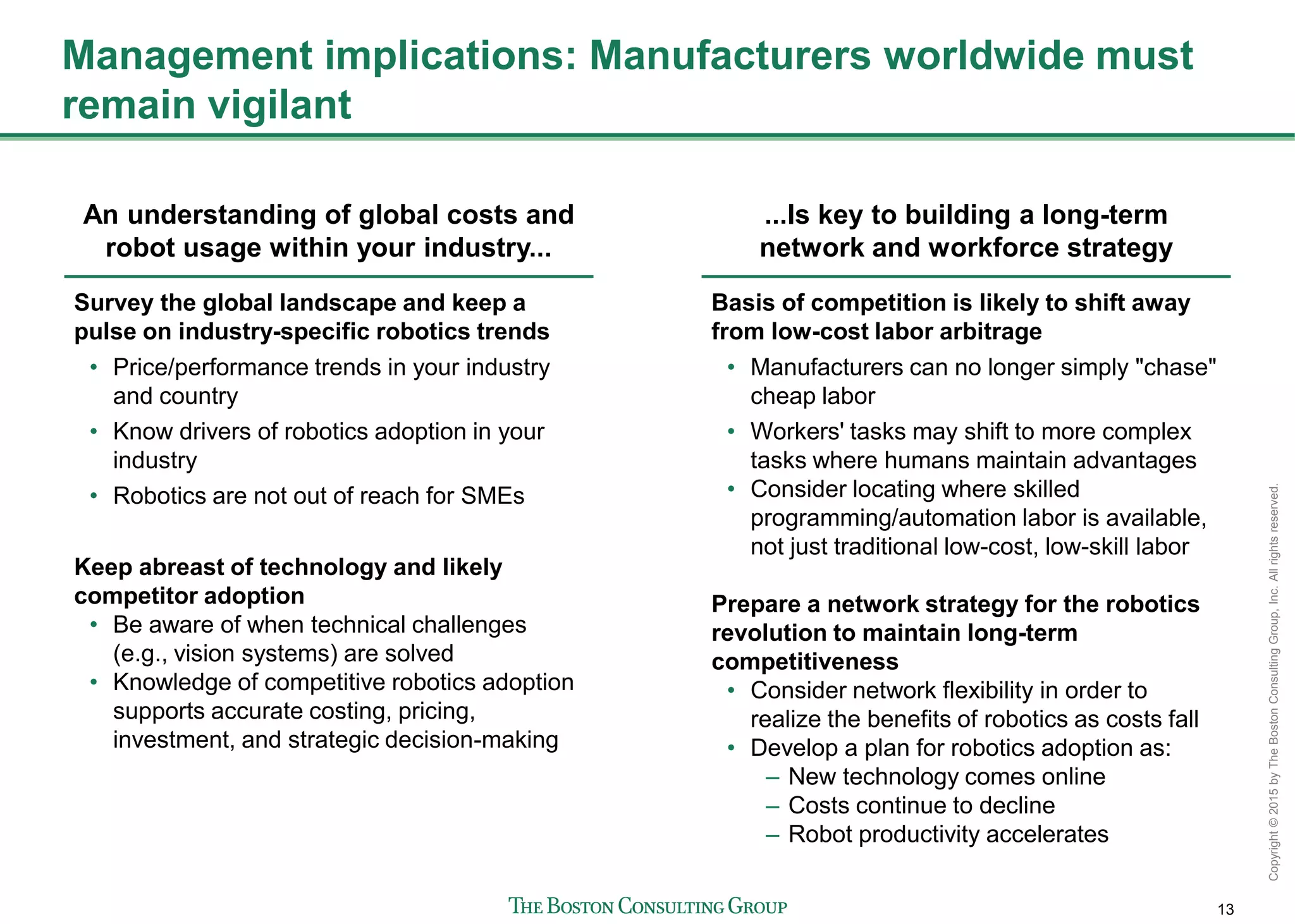 13
Copyright©2015byTheBostonConsultingGroup,Inc.Allrightsreserved.
Management implications: Manufacturers worldwide must
remain vigilant
An understanding of global costs and
robot usage within your industry...
Survey the global landscape and keep a
pulse on industry-specific robotics trends
• Price/performance trends in your industry
and country
• Know drivers of robotics adoption in your
industry
• Robotics are not out of reach for SMEs
Keep abreast of technology and likely
competitor adoption
• Be aware of when technical challenges
(e.g., vision systems) are solved
• Knowledge of competitive robotics adoption
supports accurate costing, pricing,
investment, and strategic decision-making
...Is key to building a long-term
network and workforce strategy
Basis of competition is likely to shift away
from low-cost labor arbitrage
• Manufacturers can no longer simply "chase"
cheap labor
• Workers' tasks may shift to more complex
tasks where humans maintain advantages
• Consider locating where skilled
programming/automation labor is available,
not just traditional low-cost, low-skill labor
Prepare a network strategy for the robotics
revolution to maintain long-term
competitiveness
• Consider network flexibility in order to
realize the benefits of robotics as costs fall
• Develop a plan for robotics adoption as:
– New technology comes online
– Costs continue to decline
– Robot productivity accelerates
 