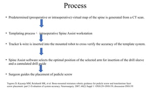 Process
• Predetermined (preoperative or intraoperative) virtual map of the spine is generated from a CT scan.
• Templating process intraoperative Spine Assist workstation
• Tracker k-wire is inserted into the mounted robot to cross verify the accuracy of the template system.
• Spine Assist software selects the optimal position of the selected arm for insertion of the drill sleeve
and a cannulated drill guide
• Surgeon guides the placement of pedicle screw
Togawa D, Kayanja MM, Reinhardt MK, et al. Bone-mounted miniature robotic guidance for pedicle screw and translaminar facet
screw placement: part 2–Evaluation of system accuracy. Neurosurgery. 2007; 60(2) Suppl 1: ONS129–ONS139, discussion ONS139
 