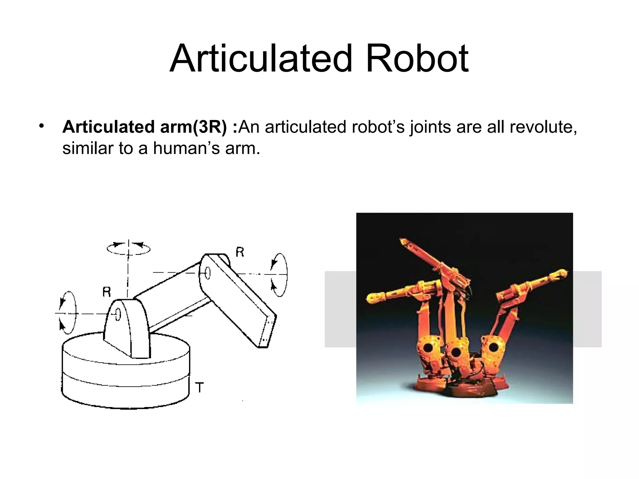 Articulated Robot
• Articulated arm(3R) :An articulated robot’s joints are all revolute,
similar to a human’s arm.
 