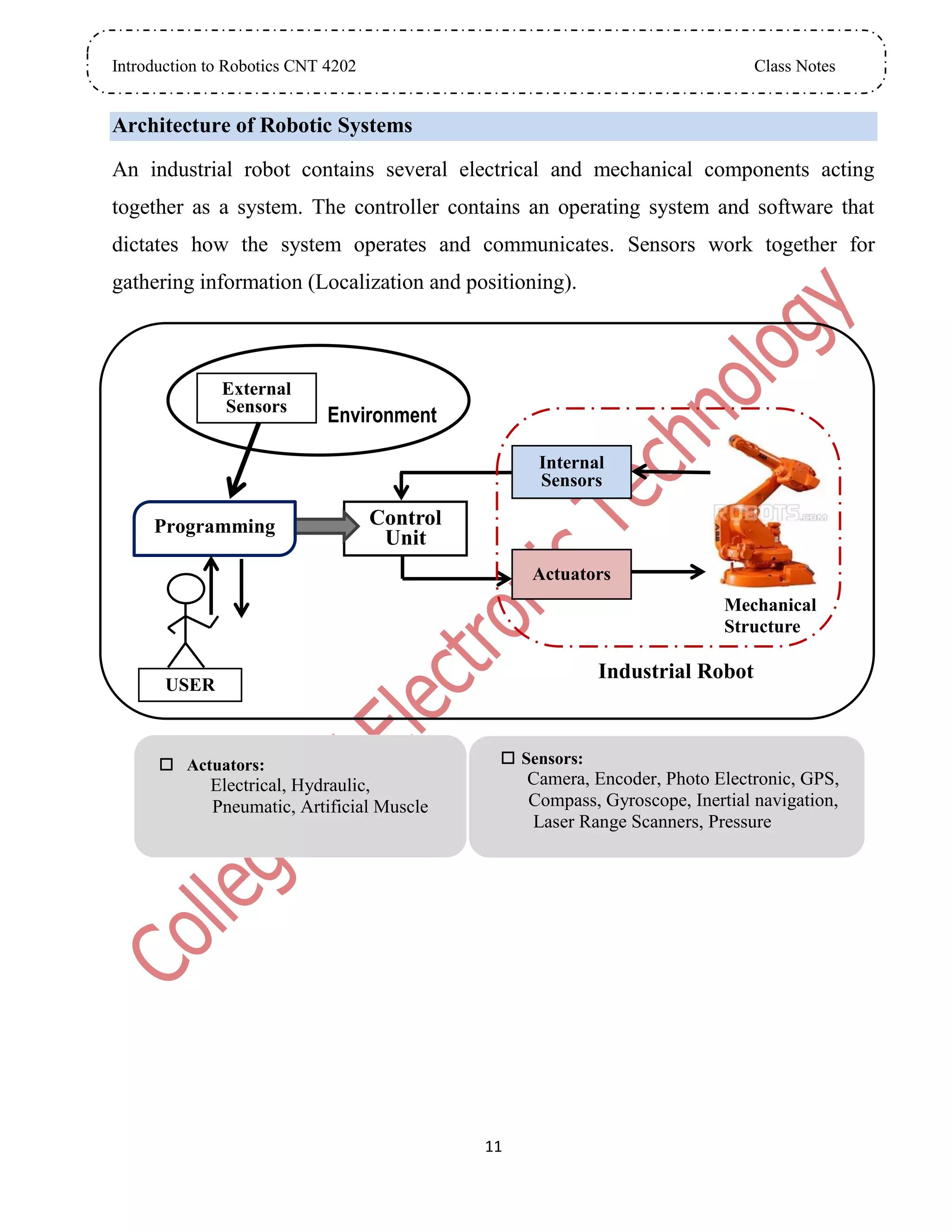 Introduction to Robotics CNT 4202 Class Notes
11
 Actuators:
Electrical, Hydraulic,
Pneumatic, Artificial Muscle
 Sensors:
Camera, Encoder, Photo Electronic, GPS,
Compass, Gyroscope, Inertial navigation,
Laser Range Scanners, Pressure
Architecture of Robotic Systems
An industrial robot contains several electrical and mechanical components acting
together as a system. The controller contains an operating system and software that
dictates how the system operates and communicates. Sensors work together for
gathering information (Localization and positioning).
Industrial Robot
Control
Unit
Programming
USER
External
Sensors
Environment
Internal
Sensors
Actuators
Mechanical
Structure
 