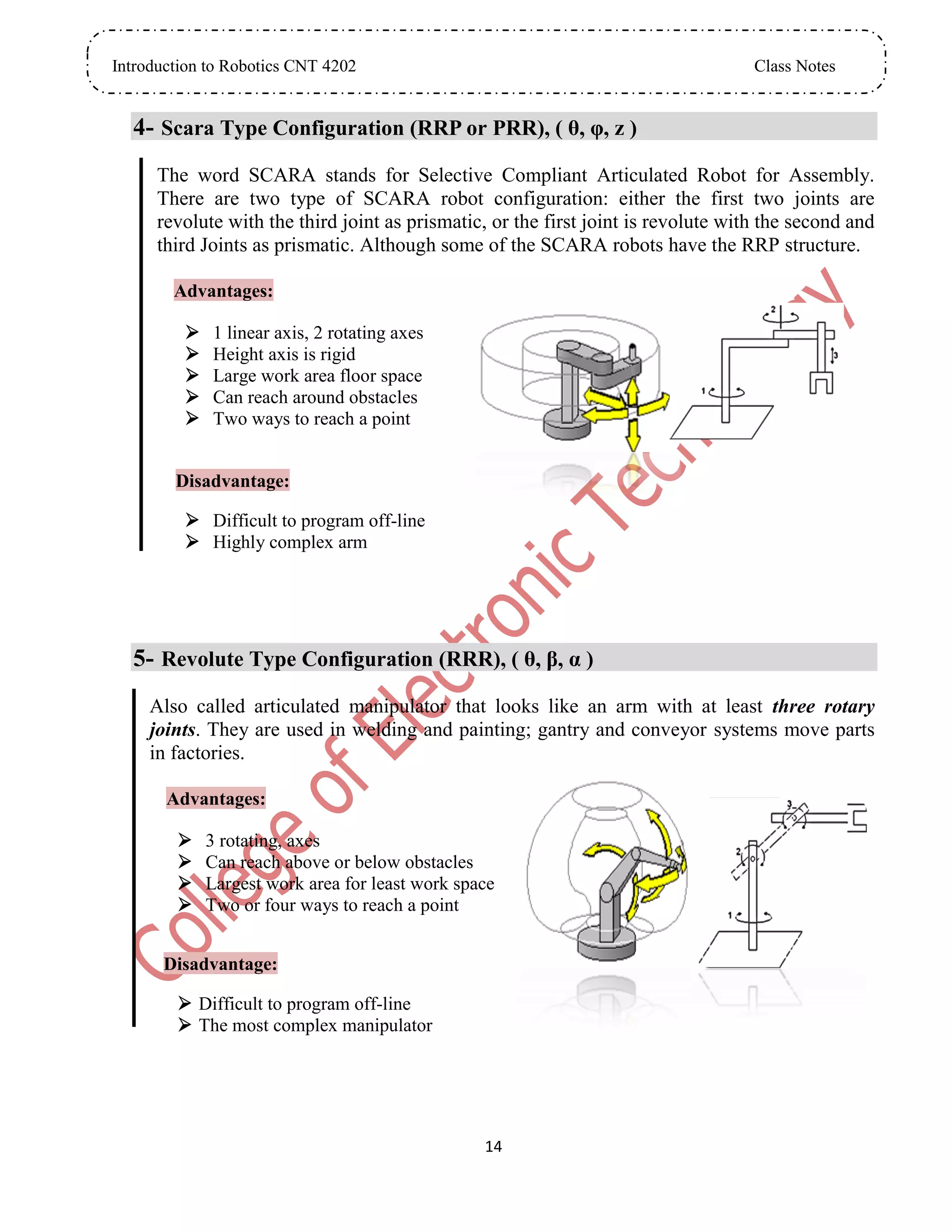 Introduction to Robotics CNT 4202 Class Notes
14
4- Scara Type Configuration (RRP or PRR), ( θ, φ, z )
The word SCARA stands for Selective Compliant Articulated Robot for Assembly.
There are two type of SCARA robot configuration: either the first two joints are
revolute with the third joint as prismatic, or the first joint is revolute with the second and
third Joints as prismatic. Although some of the SCARA robots have the RRP structure.
Advantages:
 1 linear axis, 2 rotating axes
 Height axis is rigid
 Large work area floor space
 Can reach around obstacles
 Two ways to reach a point
Disadvantage:
 Difficult to program off-line
 Highly complex arm
5- Revolute Type Configuration (RRR), ( θ, β, α )
Also called articulated manipulator that looks like an arm with at least three rotary
joints. They are used in welding and painting; gantry and conveyor systems move parts
in factories.
Advantages:
 3 rotating, axes
 Can reach above or below obstacles
 Largest work area for least work space
 Two or four ways to reach a point
Disadvantage:
 Difficult to program off-line
 The most complex manipulator
 