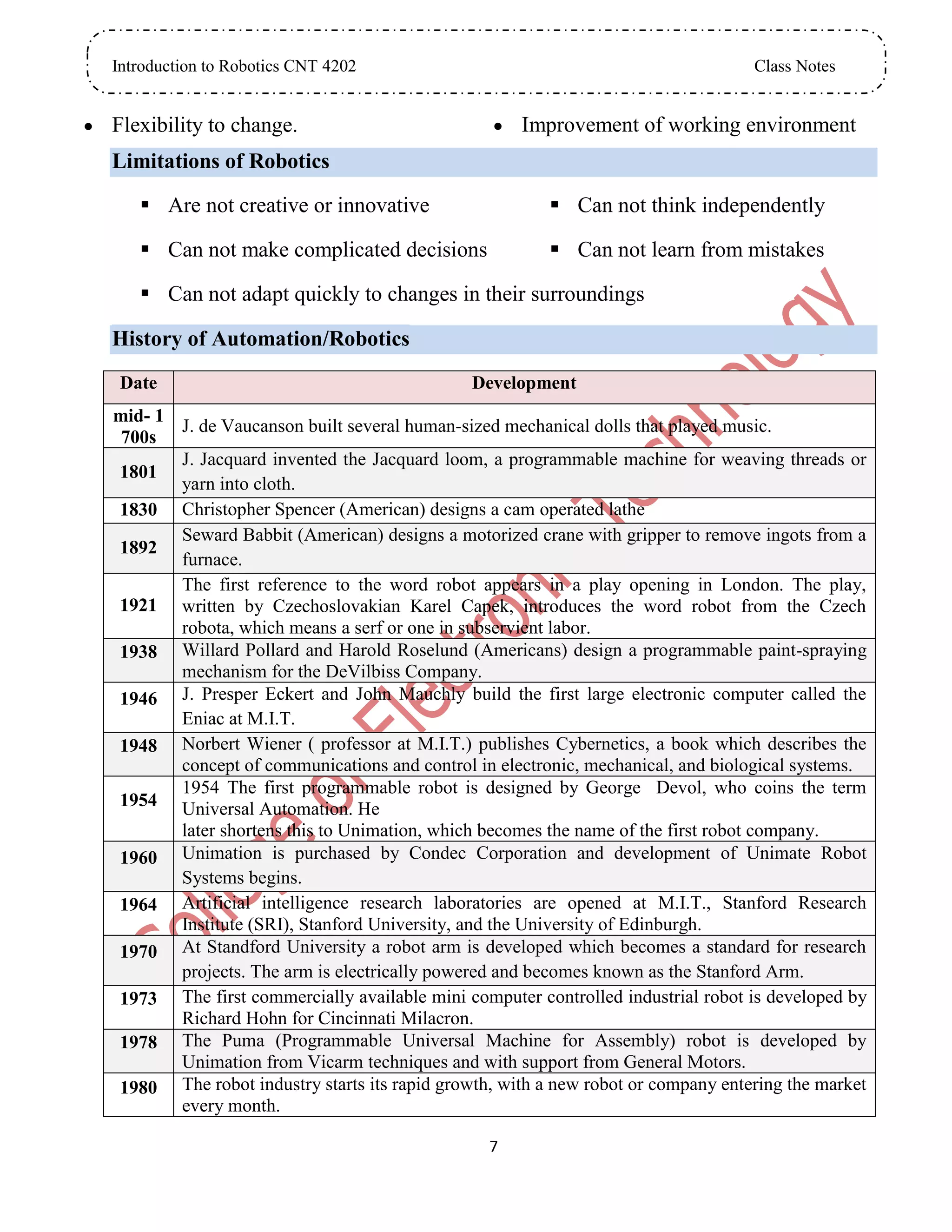 Introduction to Robotics CNT 4202 Class Notes
7
 Flexibility to change.  Improvement of working environment
Limitations of Robotics
 Are not creative or innovative  Can not think independently
 Can not make complicated decisions  Can not learn from mistakes
 Can not adapt quickly to changes in their surroundings
History of Automation/Robotics
Date Development
mid- 1
700s
J. de Vaucanson built several human-sized mechanical dolls that played music.
1801
J. Jacquard invented the Jacquard loom, a programmable machine for weaving threads or
yarn into cloth.
1830 Christopher Spencer (American) designs a cam operated lathe
1892
Seward Babbit (American) designs a motorized crane with gripper to remove ingots from a
furnace.
1921
The first reference to the word robot appears in a play opening in London. The play,
written by Czechoslovakian Karel Capek, introduces the word robot from the Czech
robota, which means a serf or one in subservient labor.
1938 Willard Pollard and Harold Roselund (Americans) design a programmable paint-spraying
mechanism for the DeVilbiss Company.
1946 J. Presper Eckert and John Mauchly build the first large electronic computer called the
Eniac at M.I.T.
1948 Norbert Wiener ( professor at M.I.T.) publishes Cybernetics, a book which describes the
concept of communications and control in electronic, mechanical, and biological systems.
1954
1954 The first programmable robot is designed by George Devol, who coins the term
Universal Automation. He
later shortens this to Unimation, which becomes the name of the first robot company.
1960 Unimation is purchased by Condec Corporation and development of Unimate Robot
Systems begins.
1964 Artificial intelligence research laboratories are opened at M.I.T., Stanford Research
Institute (SRI), Stanford University, and the University of Edinburgh.
1970 At Standford University a robot arm is developed which becomes a standard for research
projects. The arm is electrically powered and becomes known as the Stanford Arm.
1973 The first commercially available mini computer controlled industrial robot is developed by
Richard Hohn for Cincinnati Milacron.
1978 The Puma (Programmable Universal Machine for Assembly) robot is developed by
Unimation from Vicarm techniques and with support from General Motors.
1980 The robot industry starts its rapid growth, with a new robot or company entering the market
every month.
 