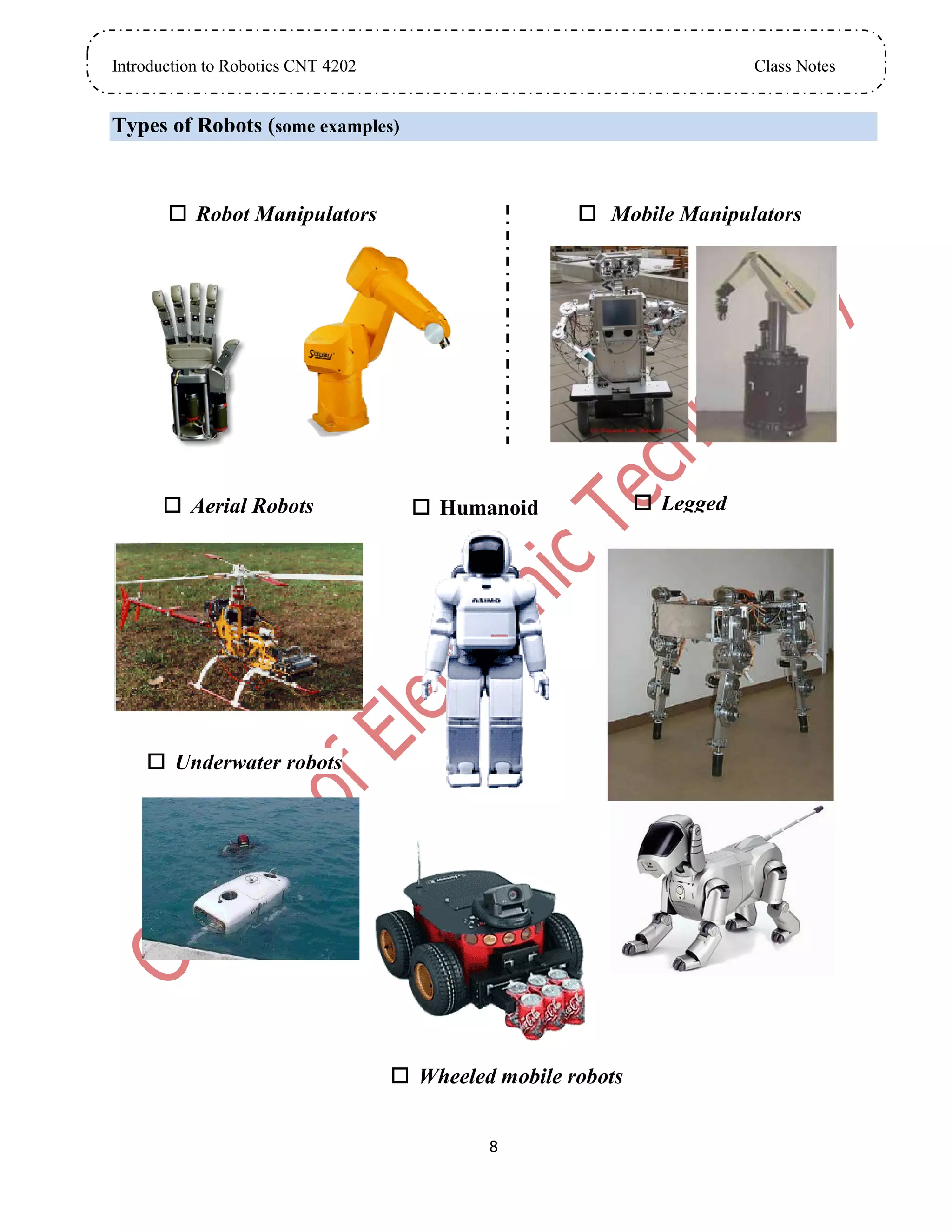 Introduction to Robotics CNT 4202 Class Notes
8
Types of Robots (some examples)
 Robot Manipulators  Mobile Manipulators
 Aerial Robots
 Underwater robots
 Wheeled mobile robots
 Humanoid  Legged
robots
 