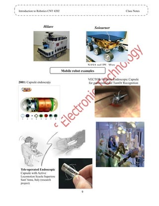 Introduction to Robotics CNT 4202 Class Notes
9
Hilare
II
Sojourner
Rover
NASA and JPL, Mars
Mobile robot examples
2001: Capsule endoscopy
VECTOR-Versatile Endoscopic Capsule
for gastrointestinal TumOr Recognition
Tele-operated Endoscopic
Capsule with Active
Locomotion Scuola Superiore
Sant’Anna, Italy (research
project)
 