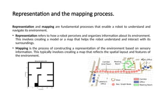 Representation and the mapping process.
Representation and mapping are fundamental processes that enable a robot to understand and
navigate its environment.
• Representation refers to how a robot perceives and organizes information about its environment.
This involves creating a model or a map that helps the robot understand and interact with its
surroundings.
• Mapping is the process of constructing a representation of the environment based on sensory
information. This typically involves creating a map that reflects the spatial layout and features of
the environment.
 