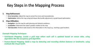 Key Steps in the Mapping Process
5. Map Refinement:
• Error Correction: Adjust the map to correct for errors and inconsistencies.
• Optimization: Refine the map using techniques like bundle adjustment or graph-based optimization.
6. Map Utilization:
• Navigation: Use the map for path planning and obstacle avoidance.
• Localization: Determine the robot’s position relative to the map.
• Task Execution: Perform tasks based on the information in the map (e.g., reaching a goal location).
Example Mapping Techniques
• Grid-Based Mapping: Create a grid map where each cell is updated based on sensor data, using
algorithms like the occupancy grid algorithm.
• Feature-Based Mapping: Build a map by detecting and recording distinct features or landmarks, using
methods like Visual SLAM.
 
