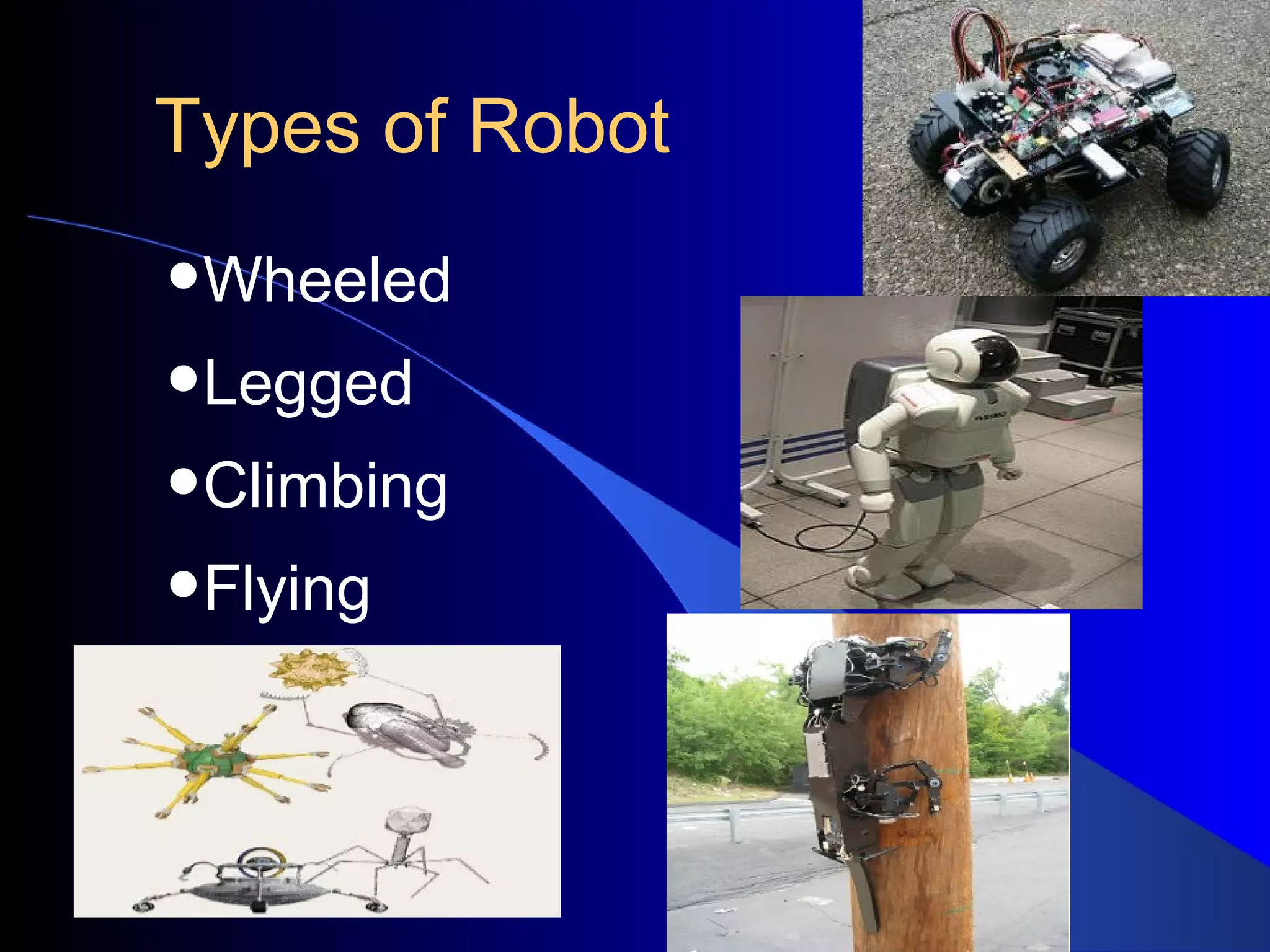 Types of Robot

•Wheeled
•Legged
•Climbing
•Flying
 