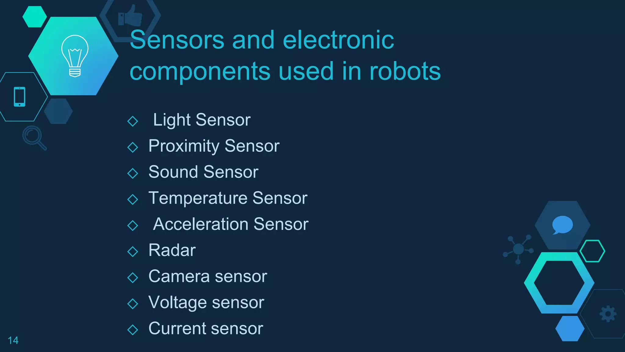 Sensors and electronic
components used in robots
◇ Light Sensor
◇ Proximity Sensor
◇ Sound Sensor
◇ Temperature Sensor
◇ Acceleration Sensor
◇ Radar
◇ Camera sensor
◇ Voltage sensor
◇ Current sensor
14
 