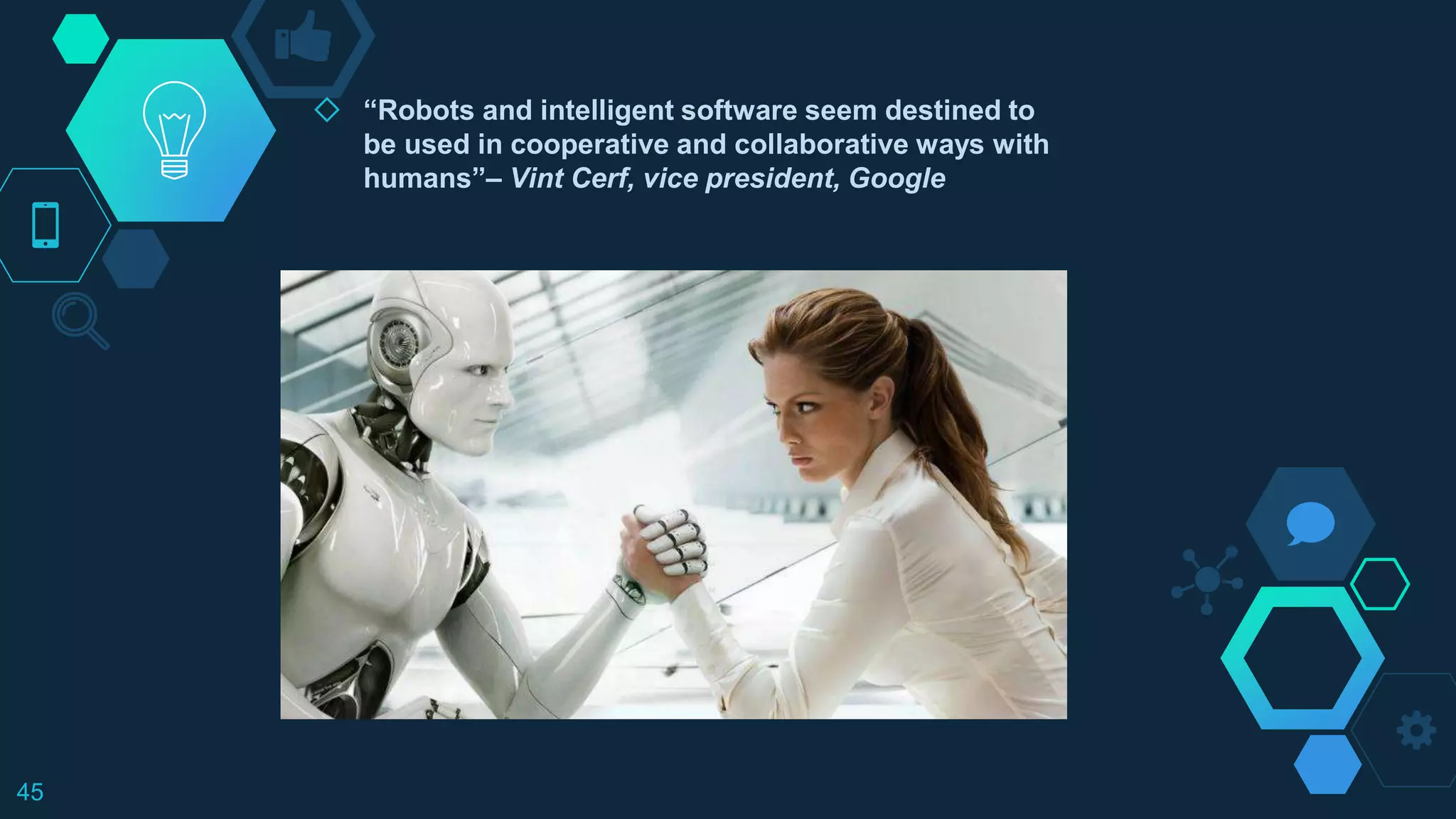 ◇ “Robots and intelligent software seem destined to
be used in cooperative and collaborative ways with
humans”– Vint Cerf, vice president, Google
45
 