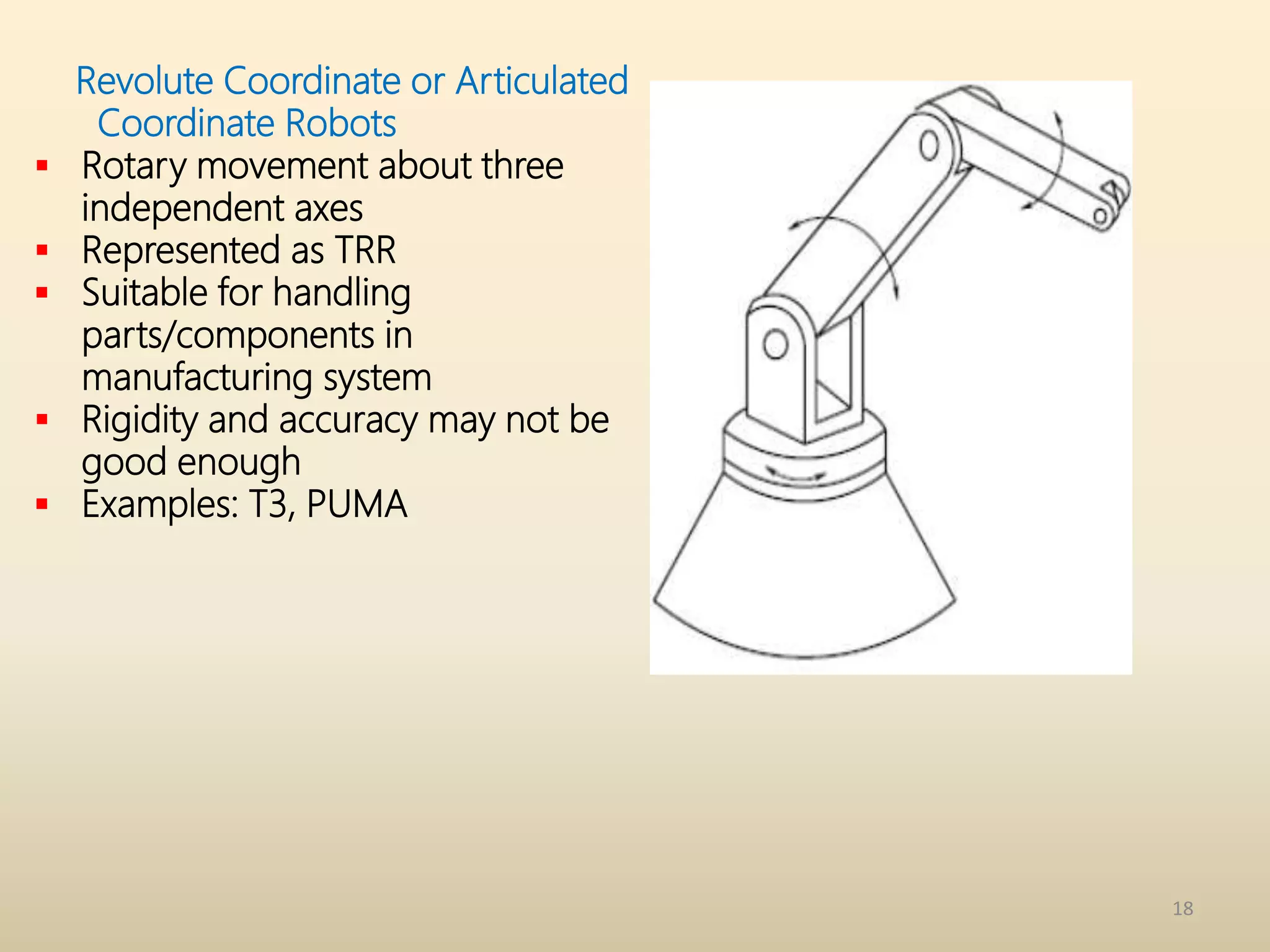 18
Revolute Coordinate or Articulated
Coordinate Robots
 Rotary movement about three
independent axes
 Represented as TRR
 Suitable for handling
parts/components in
manufacturing system
 Rigidity and accuracy may not be
good enough
 Examples: T3, PUMA
 