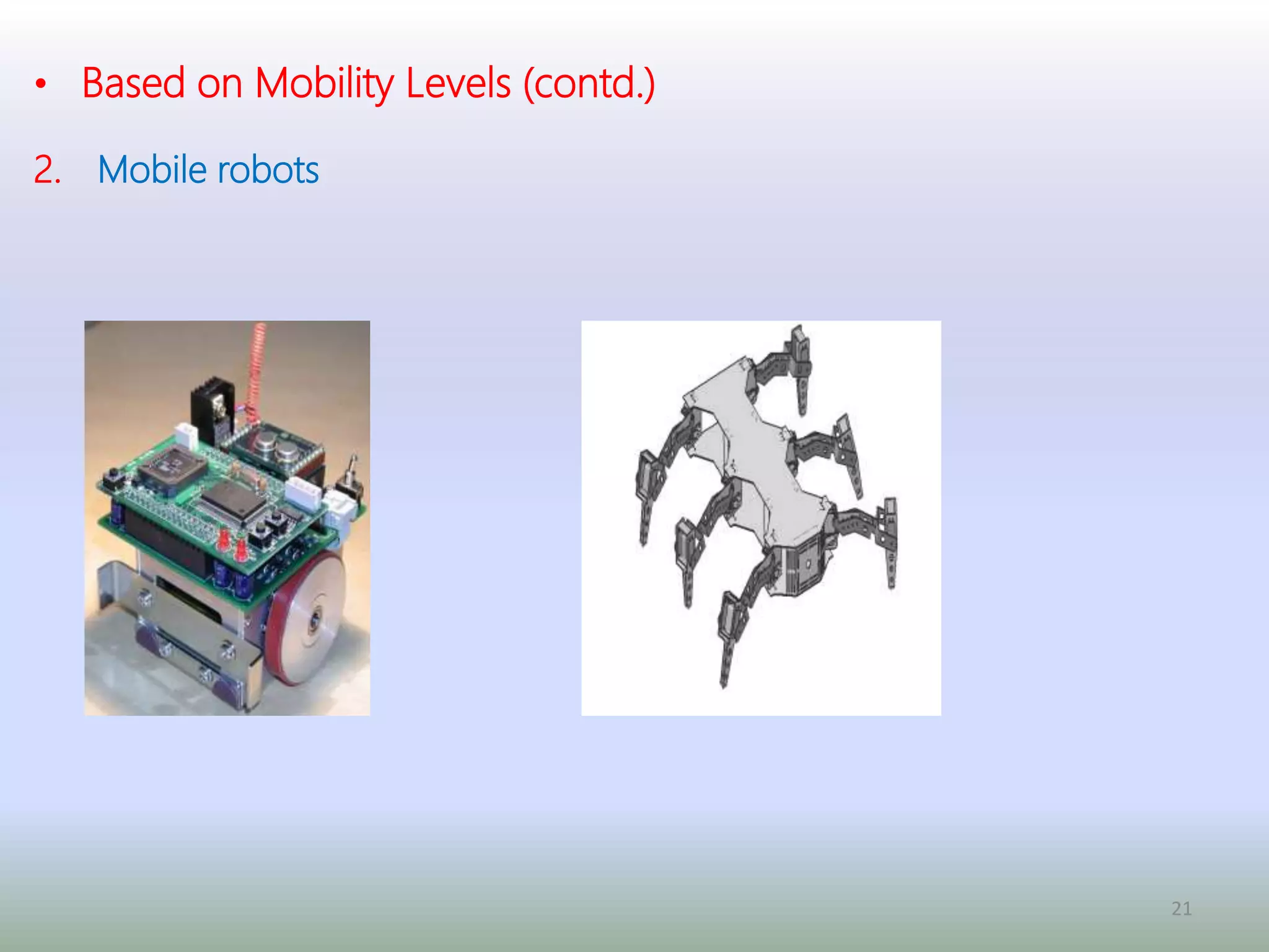 21
• Based on Mobility Levels (contd.)
2. Mobile robots
Wheeled Robot Six-legged Robot
 