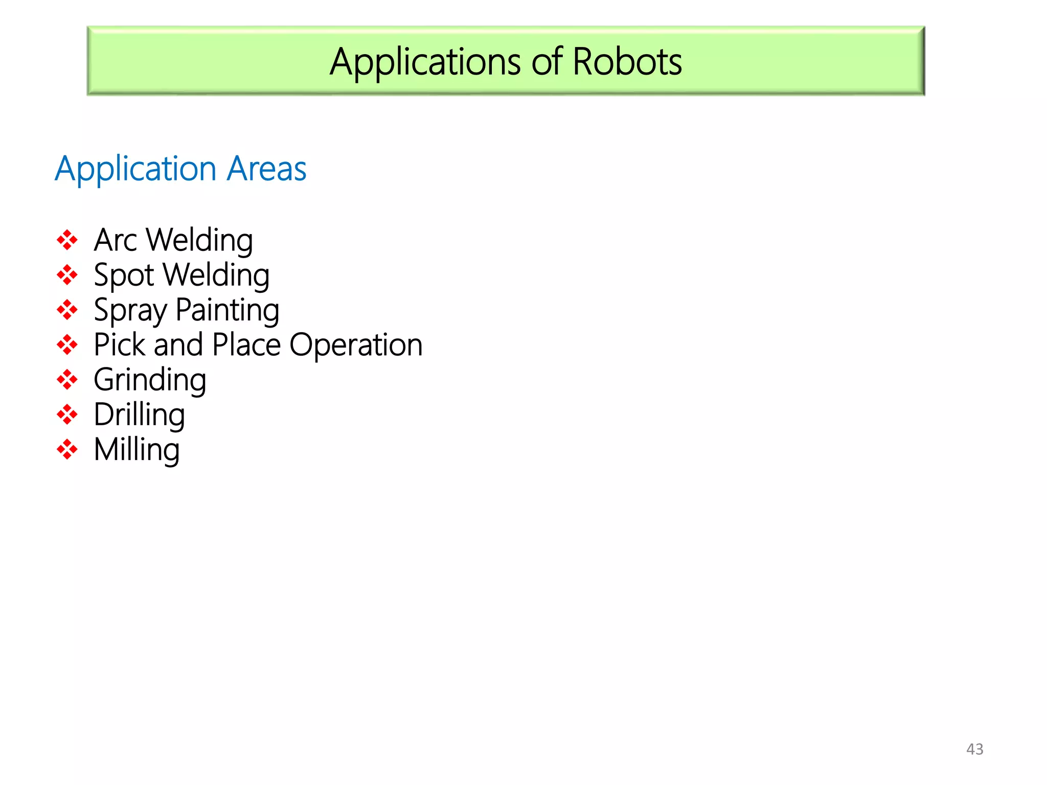 43
Application Areas
 Arc Welding
 Spot Welding
 Spray Painting
 Pick and Place Operation
 Grinding
 Drilling
 Milling
Applications of Robots
 