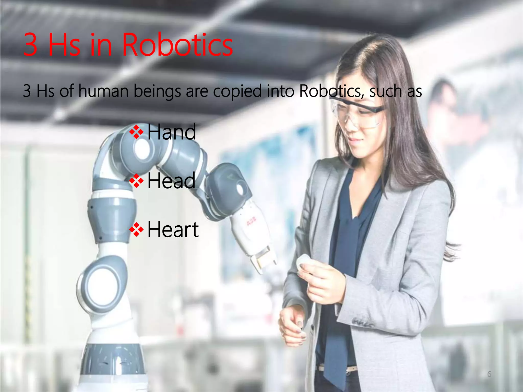 6
3 Hs in Robotics
3 Hs of human beings are copied into Robotics, such as
Hand
Head
Heart
 