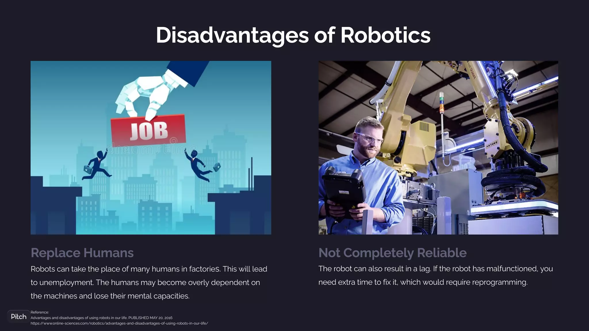 Replace Humans
Robots can take the place of many humans in factories. This will lead
to unemployment. The humans may become overly dependent on
the machines and lose their mental capacities.
Not Completely Reliable
The robot can also result in a lag. If the robot has malfunctioned, you
need extra time to fix it, which would require reprogramming.
Disadvantages of Robotics
Reference:
Advantages and disadvantages of using robots in our life, PUBLISHED MAY 20, 2016
https:/
/www.online-sciences.com/robotics/advantages-and-disadvantages-of-using-robots-in-our-life/
 