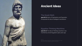 The Greek Myth
3500 B.C.E Myths of Hephaestus and Pygmalion
incorporate the idea of intelligent mechanisms
Egyptian Thinking Machines
2500 B.C.E The idea of “thinking machines” was
invented by ancient Egyptians 4500 years ago.
Ancient Ideas
 