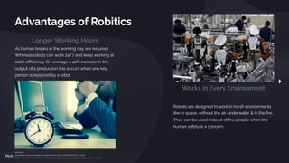 Works in Every Environment
Advantages of Robitics
Reference:
Advantages and disadvantages of using robots in our life, PUBLISHED MAY 20, 2016
https:/
/www.online-sciences.com/robotics/advantages-and-disadvantages-of-using-robots-in-our-life/
Longer Working Hours
As human breaks in the working day are required.
Whereas robots can work 24/7 and keep working at
100% efficiency. On average a 40% increase in the
output of a production line occurs when one key
person is replaced by a robot.
Robots are designed to work in harsh environments
like in space, without the air, underwater & in the fire,
They can be used instead of the people when the
human safety is a concern.
 