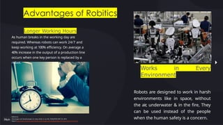 Advantages of Robitics
Reference:
Advantages and disadvantages of using robots in our life, PUBLISHED MAY 20, 2016
https://www.online-sciences.com/robotics/advantages-and-disadvantages-of-using-robots-in-our-life/
Longer Working Hours
As human breaks in the working day are
required. Whereas robots can work 24/7 and
keep working at 100% efficiency. On average a
40% increase in the output of a production line
occurs when one key person is replaced by a
robot.
Works in Every
Environment
Robots are designed to work in harsh
environments like in space, without
the air
, underwater & in the fire, They
can be used instead of the people
when the human safety is a concern.
 