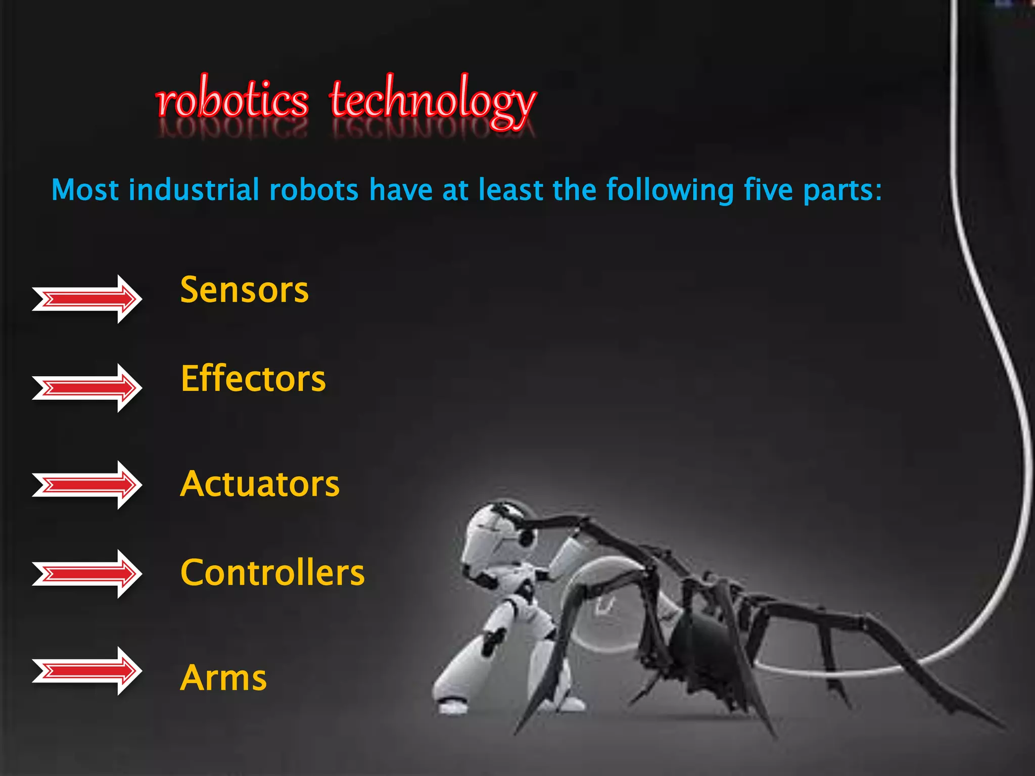 Sensors
Effectors
Actuators
Controllers
Arms
Most industrial robots have at least the following five parts:
 