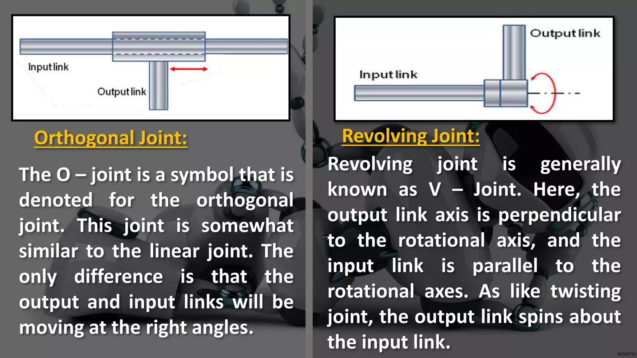 The O – joint is a symbol that is
denoted for the orthogonal
joint. This joint is somewhat
similar to the linear joint. The
only difference is that the
output and input links will be
moving at the right angles.
Revolving joint is generally
known as V – Joint. Here, the
output link axis is perpendicular
to the rotational axis, and the
input link is parallel to the
rotational axes. As like twisting
joint, the output link spins about
the input link.
Orthogonal Joint: Revolving Joint:
 