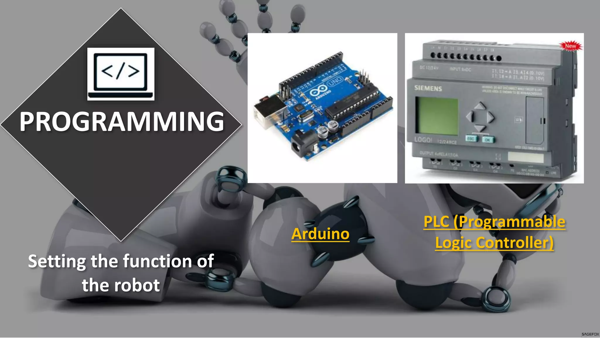 PROGRAMMING
Arduino
PLC (Programmable
Logic Controller)
Setting the function of
the robot
 