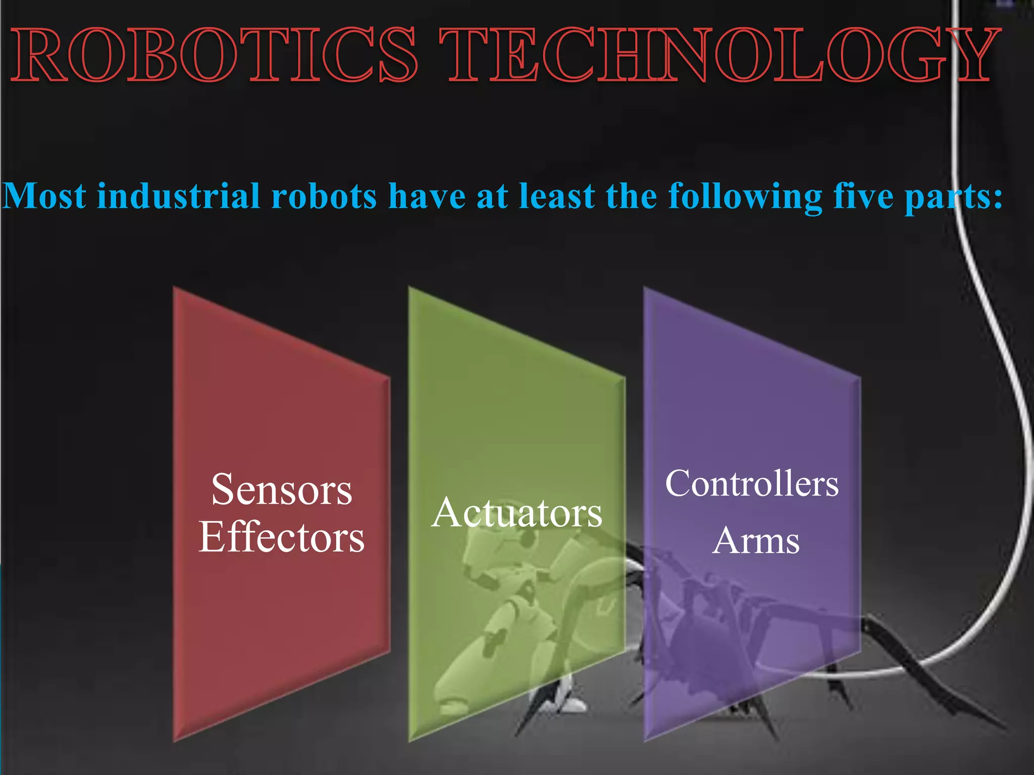 Most industrial robots have at least the following five parts:
Sensors
Effectors
Actuators
Controllers
Arms
 