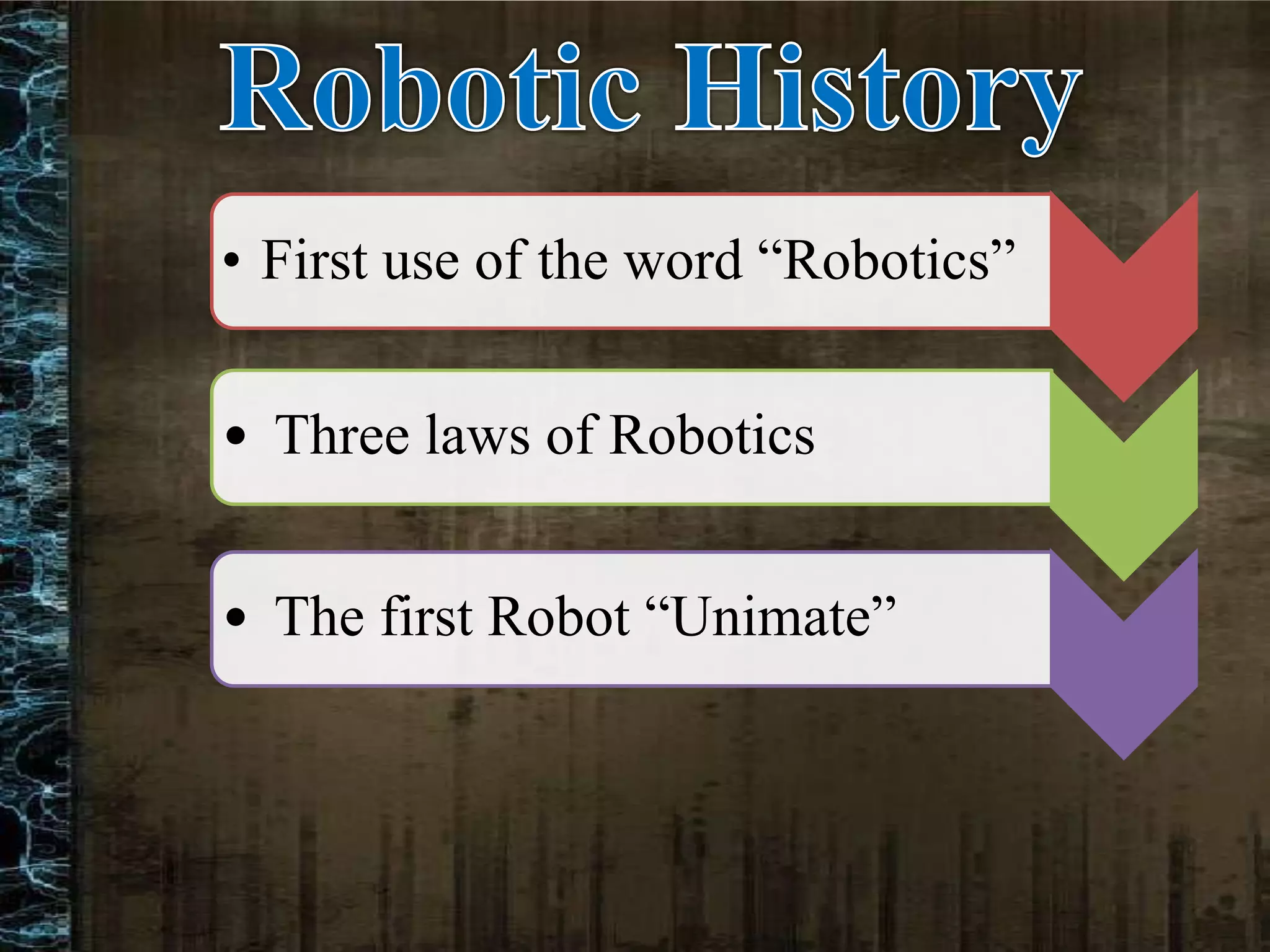 • First use of the word “Robotics”
• Three laws of Robotics
• The first Robot “Unimate”
 