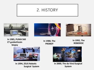 2. HISTORY
In 1985, PUMA 560
CT guidedbrain
biopsy
In 1988, The
PROBOT
In 1992, The
ROBODOC
In 1994, ZEUS Robotic
Surgical System
In 2000, The da Vinci Surgical
System
 