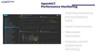 OpenMCT
Performance Monitoring
• Telemetry monitoring
tool developed by
NASA.
• Used in real missions.
• Web-based,
lightw...
