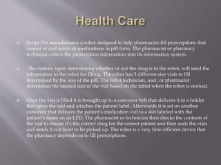  Script Pro manufactures a robot designed to help pharmacies fill prescriptions that
consist of oral solids or medications in pill form. The pharmacist or pharmacy
technician enters the prescription information into its information system.
 The system, upon determining whether or not the drug is in the robot, will send the
information to the robot for filling. The robot has 3 different size vials to fill
determined by the size of the pill. The robot technician, user, or pharmacist
determines the needed size of the vial based on the tablet when the robot is stocked.
 Once the vial is filled it is brought up to a conveyor belt that delivers it to a holder
that spins the vial and attaches the patient label. Afterwards it is set on another
conveyor that delivers the patient’s medication vial to a slot labeled with the
patient's name on an LED. The pharmacist or technician then checks the contents of
the vial to ensure it’s the correct drug for the correct patient and then seals the vials
and sends it out front to be picked up. The robot is a very time efficient device that
the pharmacy depends on to fill prescriptions.
 