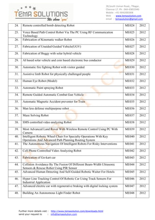 28,South Usman Road,, TNagar,
                                                                                Chennai-17. Ph : 044-43855940
                                                                                Mobile : +91-9042085008
                                                                                Web : www.temasolution.com
                                                                                email : temasolution@gmail.com

24.      Remote controlled bomb detecting Robot                                                ME024       2012

25.      Voice Based Path Control Robot Via The PC Using RF Communication                      ME025       2012
         Technology
26.      Fabrication of Kinematic walker Robot                                                 ME026       2012

27.      Fabrication of Unaided Guided Vehicle(UGV)                                            ME027       2012

28.      Fabrication of Buggy with solar hybrid vehicle                                        ME028       2012

29.      AI based solar vehicle and coin based electronic bus conductor                        ME029       2012

30.      Automatic fire fighting Robot with visitor guided                                     ME030       2012

31.      Assistive limb Robot for physically challenged people                                 ME031       2012

32.      Human Eye Robot (Model)                                                               ME032       2012

33.      Automatic Paint spraying Robot                                                        ME033       2012

34.      Remote Guided Automatic Combat Gun Vehicle                                            ME034       2012

35.      Automatic Magnetic Accident preventer for Train                                       ME035       2012

36.      Man less defense multipurpose robot                                                   ME036       2012

37.      Maze Solving Robot                                                                    ME037       2012

38.      SMS controlled video analyzing Robot                                                  ME038       2012

39.      Most Advanced Land Rover With Wireless Remote Control Using PC With                   ME039       2012
         Camera
40.      Intelligent Robotic Wheel Chair For Specialty Operations With Key                     ME040       2012
         Operations And Advanced Path Planning Routing System
41.      The Autonomous Navigation Of Intelligent Robots For Risky Interventions               ME041       2012

42.      Cell Phone Controlled Video Analyzing Robot                                           ME042       2012

43.      Fabrication of Go-kart car                                                            ME043       2012

44.      Collision Avoidance By The Fusion Of Different Beam-Width Ultrasonic                  ME044       2012
         Sensors & Rescue Robot Using PIR Sensor
45.      Advanced Human Detecting And Self-Guided Robotic Waiter For Hotels                    ME045       2012

46.      Hyper Line Tracking Control Of Robotic Car Using Track Sensors For                    ME046       2012
         Industrial Application
47.      Advanced electric car with regenerative braking with digital locking system           ME047       2012

48.      Building An Autonomous Light Finder Robot                                             ME048       2012




      Further more details visit : http://www.temasolution.com/downloads.html
      send your request to       : info@temasolution.com
 