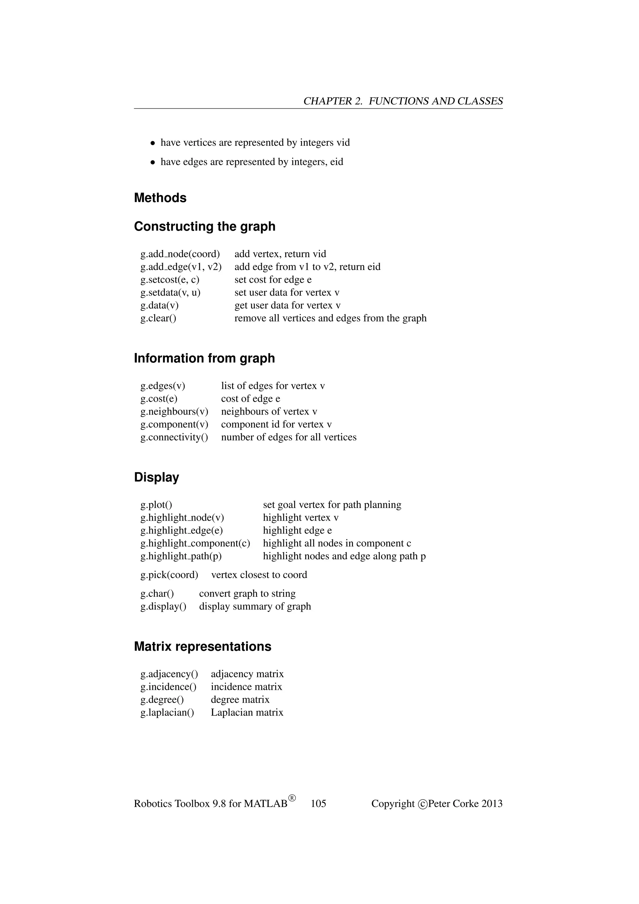 CHAPTER 2. FUNCTIONS AND CLASSES

• have vertices are represented by integers vid
• have edges are represented by integers, eid

Methods
Constructing the graph
g.add node(coord)
g.add edge(v1, v2)
g.setcost(e, c)
g.setdata(v, u)
g.data(v)
g.clear()

add vertex, return vid
add edge from v1 to v2, return eid
set cost for edge e
set user data for vertex v
get user data for vertex v
remove all vertices and edges from the graph

Information from graph
g.edges(v)
g.cost(e)
g.neighbours(v)
g.component(v)
g.connectivity()

list of edges for vertex v
cost of edge e
neighbours of vertex v
component id for vertex v
number of edges for all vertices

Display
g.plot()
g.highlight
g.highlight
g.highlight
g.highlight

node(v)
edge(e)
component(c)
path(p)

g.pick(coord)
g.char()
g.display()

set goal vertex for path planning
highlight vertex v
highlight edge e
highlight all nodes in component c
highlight nodes and edge along path p

vertex closest to coord
convert graph to string
display summary of graph

Matrix representations
g.adjacency()
g.incidence()
g.degree()
g.laplacian()

adjacency matrix
incidence matrix
degree matrix
Laplacian matrix

Robotics Toolbox 9.8 for MATLAB

R

105

Copyright c Peter Corke 2013

 