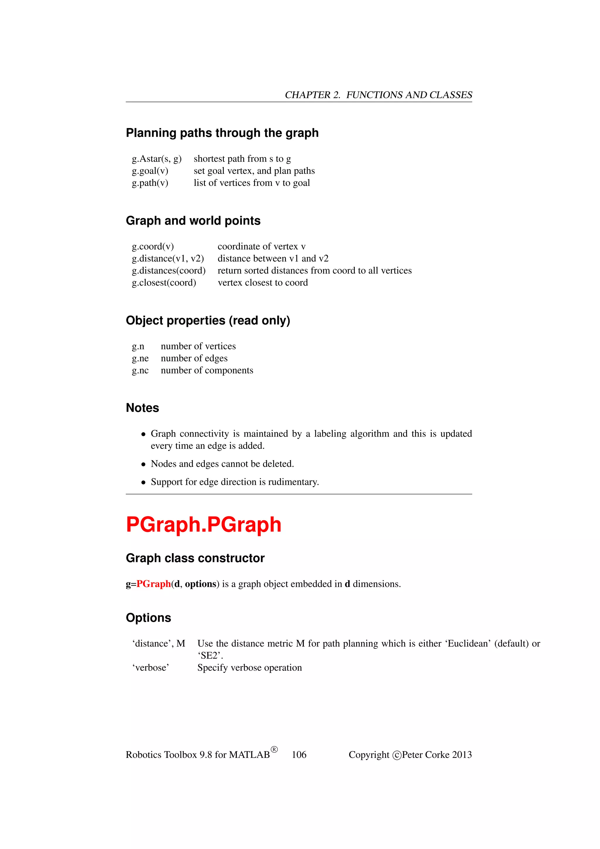 CHAPTER 2. FUNCTIONS AND CLASSES

Planning paths through the graph
g.Astar(s, g)
g.goal(v)
g.path(v)

shortest path from s to g
set goal vertex, and plan paths
list of vertices from v to goal

Graph and world points
g.coord(v)
g.distance(v1, v2)
g.distances(coord)
g.closest(coord)

coordinate of vertex v
distance between v1 and v2
return sorted distances from coord to all vertices
vertex closest to coord

Object properties (read only)
g.n
g.ne
g.nc

number of vertices
number of edges
number of components

Notes
• Graph connectivity is maintained by a labeling algorithm and this is updated
every time an edge is added.
• Nodes and edges cannot be deleted.
• Support for edge direction is rudimentary.

PGraph.PGraph
Graph class constructor
g=PGraph(d, options) is a graph object embedded in d dimensions.

Options
‘distance’, M
‘verbose’

Use the distance metric M for path planning which is either ‘Euclidean’ (default) or
‘SE2’.
Specify verbose operation

Robotics Toolbox 9.8 for MATLAB

R

106

Copyright c Peter Corke 2013

 