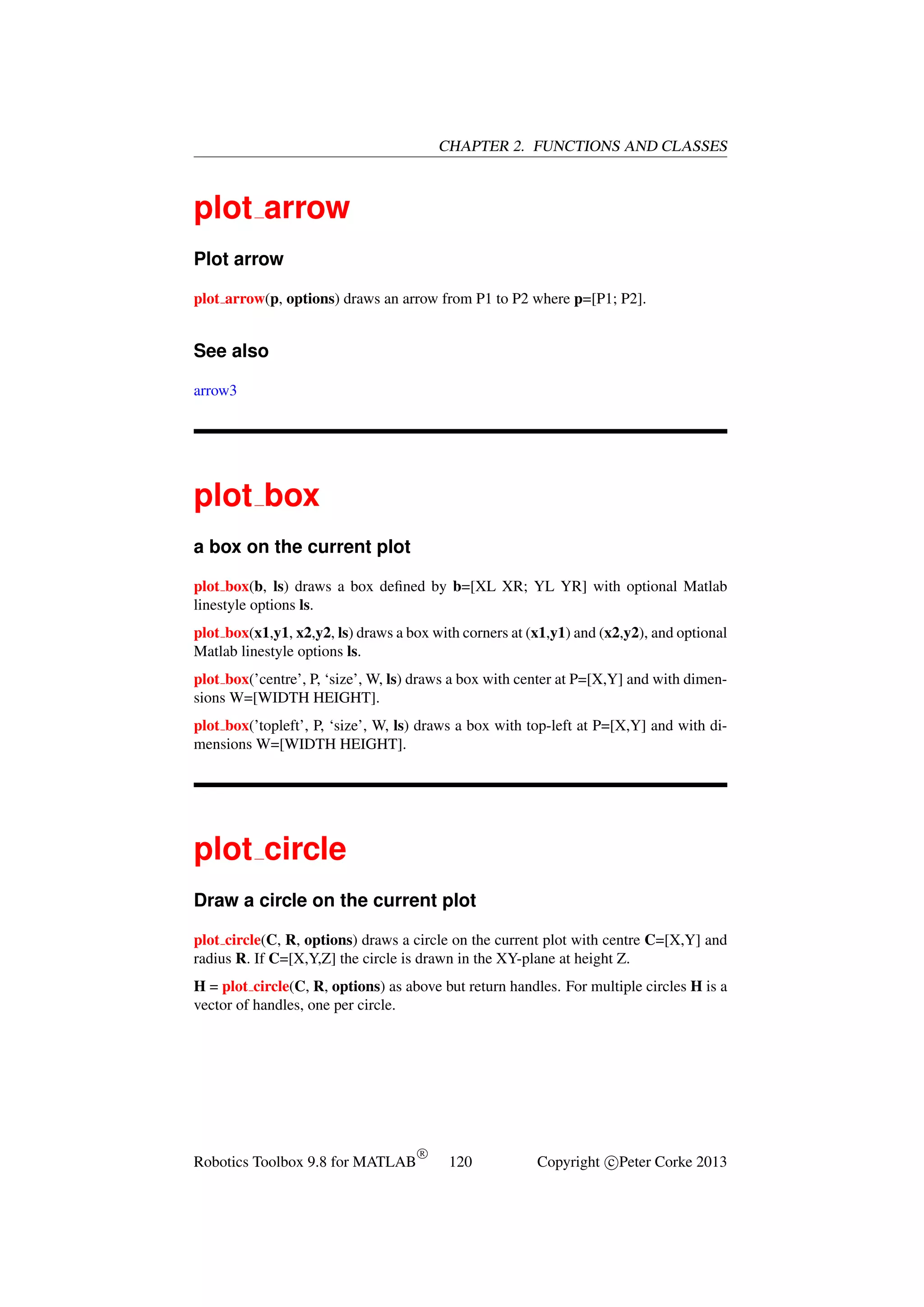CHAPTER 2. FUNCTIONS AND CLASSES

plot arrow
Plot arrow
plot arrow(p, options) draws an arrow from P1 to P2 where p=[P1; P2].

See also
arrow3

plot box
a box on the current plot
plot box(b, ls) draws a box deﬁned by b=[XL XR; YL YR] with optional Matlab
linestyle options ls.
plot box(x1,y1, x2,y2, ls) draws a box with corners at (x1,y1) and (x2,y2), and optional
Matlab linestyle options ls.
plot box(’centre’, P, ‘size’, W, ls) draws a box with center at P=[X,Y] and with dimensions W=[WIDTH HEIGHT].
plot box(’topleft’, P, ‘size’, W, ls) draws a box with top-left at P=[X,Y] and with dimensions W=[WIDTH HEIGHT].

plot circle
Draw a circle on the current plot
plot circle(C, R, options) draws a circle on the current plot with centre C=[X,Y] and
radius R. If C=[X,Y,Z] the circle is drawn in the XY-plane at height Z.
H = plot circle(C, R, options) as above but return handles. For multiple circles H is a
vector of handles, one per circle.

Robotics Toolbox 9.8 for MATLAB

R

120

Copyright c Peter Corke 2013

 