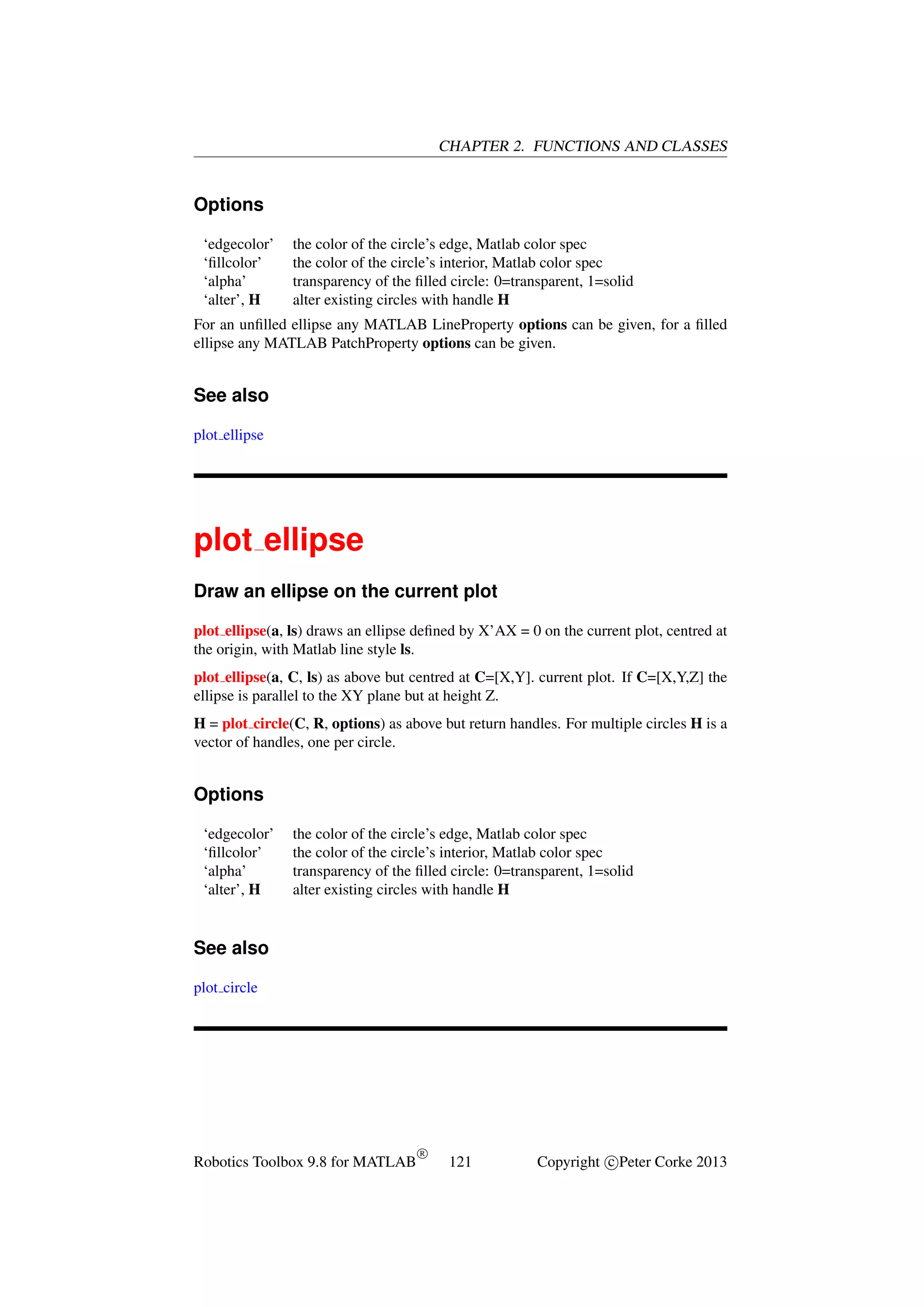 CHAPTER 2. FUNCTIONS AND CLASSES

Options
‘edgecolor’
‘ﬁllcolor’
‘alpha’
‘alter’, H

the color of the circle’s edge, Matlab color spec
the color of the circle’s interior, Matlab color spec
transparency of the ﬁlled circle: 0=transparent, 1=solid
alter existing circles with handle H

For an unﬁlled ellipse any MATLAB LineProperty options can be given, for a ﬁlled
ellipse any MATLAB PatchProperty options can be given.

See also
plot ellipse

plot ellipse
Draw an ellipse on the current plot
plot ellipse(a, ls) draws an ellipse deﬁned by X’AX = 0 on the current plot, centred at
the origin, with Matlab line style ls.
plot ellipse(a, C, ls) as above but centred at C=[X,Y]. current plot. If C=[X,Y,Z] the
ellipse is parallel to the XY plane but at height Z.
H = plot circle(C, R, options) as above but return handles. For multiple circles H is a
vector of handles, one per circle.

Options
‘edgecolor’
‘ﬁllcolor’
‘alpha’
‘alter’, H

the color of the circle’s edge, Matlab color spec
the color of the circle’s interior, Matlab color spec
transparency of the ﬁlled circle: 0=transparent, 1=solid
alter existing circles with handle H

See also
plot circle

Robotics Toolbox 9.8 for MATLAB

R

121

Copyright c Peter Corke 2013

 