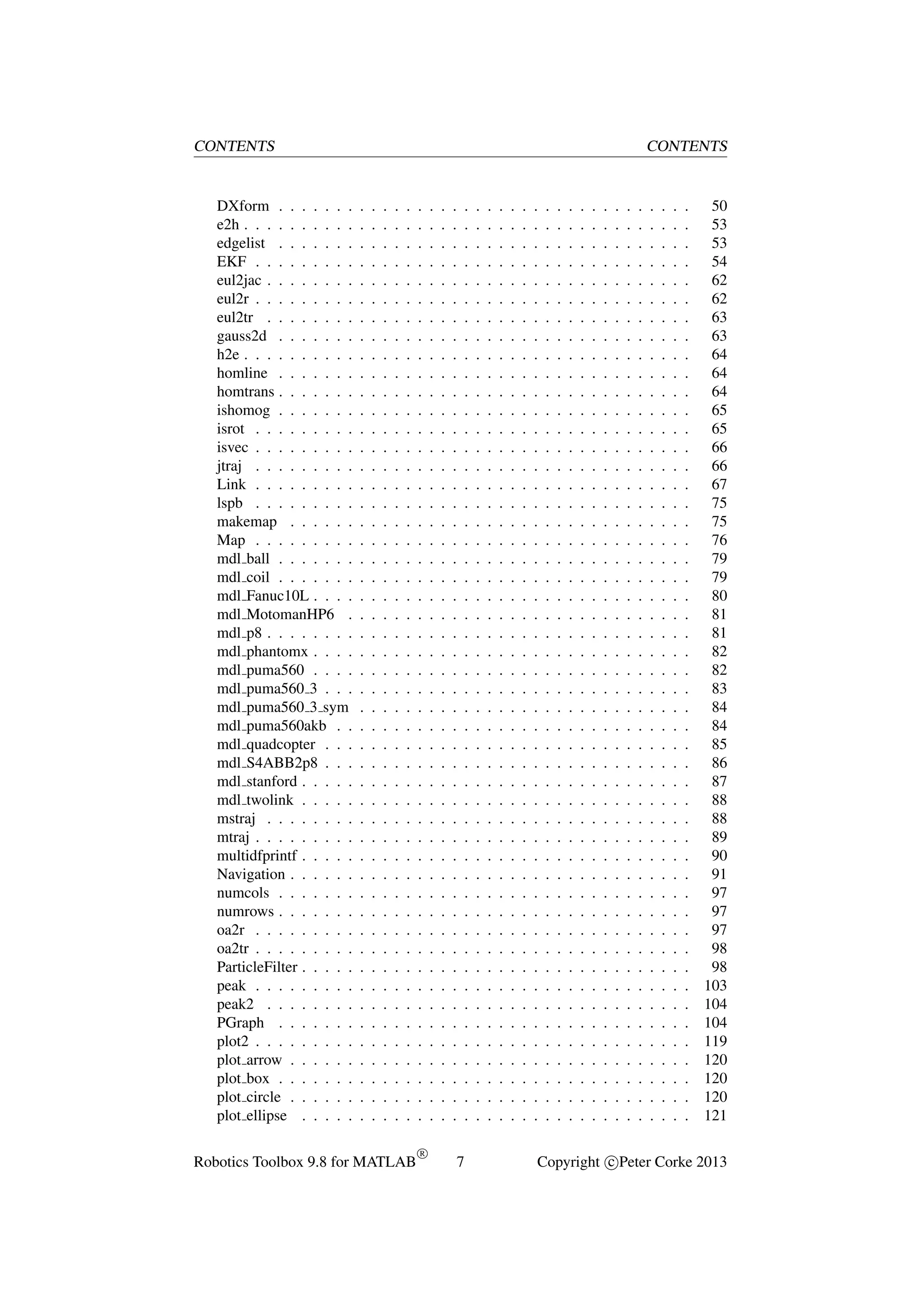 CONTENTS

DXform . . . . . . .
e2h . . . . . . . . . .
edgelist . . . . . . .
EKF . . . . . . . . .
eul2jac . . . . . . . .
eul2r . . . . . . . . .
eul2tr . . . . . . . .
gauss2d . . . . . . .
h2e . . . . . . . . . .
homline . . . . . . .
homtrans . . . . . . .
ishomog . . . . . . .
isrot . . . . . . . . .
isvec . . . . . . . . .
jtraj . . . . . . . . .
Link . . . . . . . . .
lspb . . . . . . . . .
makemap . . . . . .
Map . . . . . . . . .
mdl ball . . . . . . .
mdl coil . . . . . . .
mdl Fanuc10L . . . .
mdl MotomanHP6 .
mdl p8 . . . . . . . .
mdl phantomx . . . .
mdl puma560 . . . .
mdl puma560 3 . . .
mdl puma560 3 sym
mdl puma560akb . .
mdl quadcopter . . .
mdl S4ABB2p8 . . .
mdl stanford . . . . .
mdl twolink . . . . .
mstraj . . . . . . . .
mtraj . . . . . . . . .
multidfprintf . . . . .
Navigation . . . . . .
numcols . . . . . . .
numrows . . . . . . .
oa2r . . . . . . . . .
oa2tr . . . . . . . . .
ParticleFilter . . . . .
peak . . . . . . . . .
peak2 . . . . . . . .
PGraph . . . . . . .
plot2 . . . . . . . . .
plot arrow . . . . . .
plot box . . . . . . .
plot circle . . . . . .
plot ellipse . . . . .

CONTENTS

.
.
.
.
.
.
.
.
.
.
.
.
.
.
.
.
.
.
.
.
.
.
.
.
.
.
.
.
.
.
.
.
.
.
.
.
.
.
.
.
.
.
.
.
.
.
.
.
.
.

.
.
.
.
.
.
.
.
.
.
.
.
.
.
.
.
.
.
.
.
.
.
.
.
.
.
.
.
.
.
.
.
.
.
.
.
.
.
.
.
.
.
.
.
.
.
.
.
.
.

.
.
.
.
.
.
.
.
.
.
.
.
.
.
.
.
.
.
.
.
.
.
.
.
.
.
.
.
.
.
.
.
.
.
.
.
.
.
.
.
.
.
.
.
.
.
.
.
.
.

.
.
.
.
.
.
.
.
.
.
.
.
.
.
.
.
.
.
.
.
.
.
.
.
.
.
.
.
.
.
.
.
.
.
.
.
.
.
.
.
.
.
.
.
.
.
.
.
.
.

.
.
.
.
.
.
.
.
.
.
.
.
.
.
.
.
.
.
.
.
.
.
.
.
.
.
.
.
.
.
.
.
.
.
.
.
.
.
.
.
.
.
.
.
.
.
.
.
.
.

Robotics Toolbox 9.8 for MATLAB

.
.
.
.
.
.
.
.
.
.
.
.
.
.
.
.
.
.
.
.
.
.
.
.
.
.
.
.
.
.
.
.
.
.
.
.
.
.
.
.
.
.
.
.
.
.
.
.
.
.
R

.
.
.
.
.
.
.
.
.
.
.
.
.
.
.
.
.
.
.
.
.
.
.
.
.
.
.
.
.
.
.
.
.
.
.
.
.
.
.
.
.
.
.
.
.
.
.
.
.
.

.
.
.
.
.
.
.
.
.
.
.
.
.
.
.
.
.
.
.
.
.
.
.
.
.
.
.
.
.
.
.
.
.
.
.
.
.
.
.
.
.
.
.
.
.
.
.
.
.
.

.
.
.
.
.
.
.
.
.
.
.
.
.
.
.
.
.
.
.
.
.
.
.
.
.
.
.
.
.
.
.
.
.
.
.
.
.
.
.
.
.
.
.
.
.
.
.
.
.
.

.
.
.
.
.
.
.
.
.
.
.
.
.
.
.
.
.
.
.
.
.
.
.
.
.
.
.
.
.
.
.
.
.
.
.
.
.
.
.
.
.
.
.
.
.
.
.
.
.
.
7

.
.
.
.
.
.
.
.
.
.
.
.
.
.
.
.
.
.
.
.
.
.
.
.
.
.
.
.
.
.
.
.
.
.
.
.
.
.
.
.
.
.
.
.
.
.
.
.
.
.

.
.
.
.
.
.
.
.
.
.
.
.
.
.
.
.
.
.
.
.
.
.
.
.
.
.
.
.
.
.
.
.
.
.
.
.
.
.
.
.
.
.
.
.
.
.
.
.
.
.

.
.
.
.
.
.
.
.
.
.
.
.
.
.
.
.
.
.
.
.
.
.
.
.
.
.
.
.
.
.
.
.
.
.
.
.
.
.
.
.
.
.
.
.
.
.
.
.
.
.

.
.
.
.
.
.
.
.
.
.
.
.
.
.
.
.
.
.
.
.
.
.
.
.
.
.
.
.
.
.
.
.
.
.
.
.
.
.
.
.
.
.
.
.
.
.
.
.
.
.

.
.
.
.
.
.
.
.
.
.
.
.
.
.
.
.
.
.
.
.
.
.
.
.
.
.
.
.
.
.
.
.
.
.
.
.
.
.
.
.
.
.
.
.
.
.
.
.
.
.

.
.
.
.
.
.
.
.
.
.
.
.
.
.
.
.
.
.
.
.
.
.
.
.
.
.
.
.
.
.
.
.
.
.
.
.
.
.
.
.
.
.
.
.
.
.
.
.
.
.

.
.
.
.
.
.
.
.
.
.
.
.
.
.
.
.
.
.
.
.
.
.
.
.
.
.
.
.
.
.
.
.
.
.
.
.
.
.
.
.
.
.
.
.
.
.
.
.
.
.

.
.
.
.
.
.
.
.
.
.
.
.
.
.
.
.
.
.
.
.
.
.
.
.
.
.
.
.
.
.
.
.
.
.
.
.
.
.
.
.
.
.
.
.
.
.
.
.
.
.

.
.
.
.
.
.
.
.
.
.
.
.
.
.
.
.
.
.
.
.
.
.
.
.
.
.
.
.
.
.
.
.
.
.
.
.
.
.
.
.
.
.
.
.
.
.
.
.
.
.

.
.
.
.
.
.
.
.
.
.
.
.
.
.
.
.
.
.
.
.
.
.
.
.
.
.
.
.
.
.
.
.
.
.
.
.
.
.
.
.
.
.
.
.
.
.
.
.
.
.

.
.
.
.
.
.
.
.
.
.
.
.
.
.
.
.
.
.
.
.
.
.
.
.
.
.
.
.
.
.
.
.
.
.
.
.
.
.
.
.
.
.
.
.
.
.
.
.
.
.

.
.
.
.
.
.
.
.
.
.
.
.
.
.
.
.
.
.
.
.
.
.
.
.
.
.
.
.
.
.
.
.
.
.
.
.
.
.
.
.
.
.
.
.
.
.
.
.
.
.

.
.
.
.
.
.
.
.
.
.
.
.
.
.
.
.
.
.
.
.
.
.
.
.
.
.
.
.
.
.
.
.
.
.
.
.
.
.
.
.
.
.
.
.
.
.
.
.
.
.

.
.
.
.
.
.
.
.
.
.
.
.
.
.
.
.
.
.
.
.
.
.
.
.
.
.
.
.
.
.
.
.
.
.
.
.
.
.
.
.
.
.
.
.
.
.
.
.
.
.

.
.
.
.
.
.
.
.
.
.
.
.
.
.
.
.
.
.
.
.
.
.
.
.
.
.
.
.
.
.
.
.
.
.
.
.
.
.
.
.
.
.
.
.
.
.
.
.
.
.

.
.
.
.
.
.
.
.
.
.
.
.
.
.
.
.
.
.
.
.
.
.
.
.
.
.
.
.
.
.
.
.
.
.
.
.
.
.
.
.
.
.
.
.
.
.
.
.
.
.

.
.
.
.
.
.
.
.
.
.
.
.
.
.
.
.
.
.
.
.
.
.
.
.
.
.
.
.
.
.
.
.
.
.
.
.
.
.
.
.
.
.
.
.
.
.
.
.
.
.

.
.
.
.
.
.
.
.
.
.
.
.
.
.
.
.
.
.
.
.
.
.
.
.
.
.
.
.
.
.
.
.
.
.
.
.
.
.
.
.
.
.
.
.
.
.
.
.
.
.

.
.
.
.
.
.
.
.
.
.
.
.
.
.
.
.
.
.
.
.
.
.
.
.
.
.
.
.
.
.
.
.
.
.
.
.
.
.
.
.
.
.
.
.
.
.
.
.
.
.

50
53
53
54
62
62
63
63
64
64
64
65
65
66
66
67
75
75
76
79
79
80
81
81
82
82
83
84
84
85
86
87
88
88
89
90
91
97
97
97
98
98
103
104
104
119
120
120
120
121

Copyright c Peter Corke 2013

 