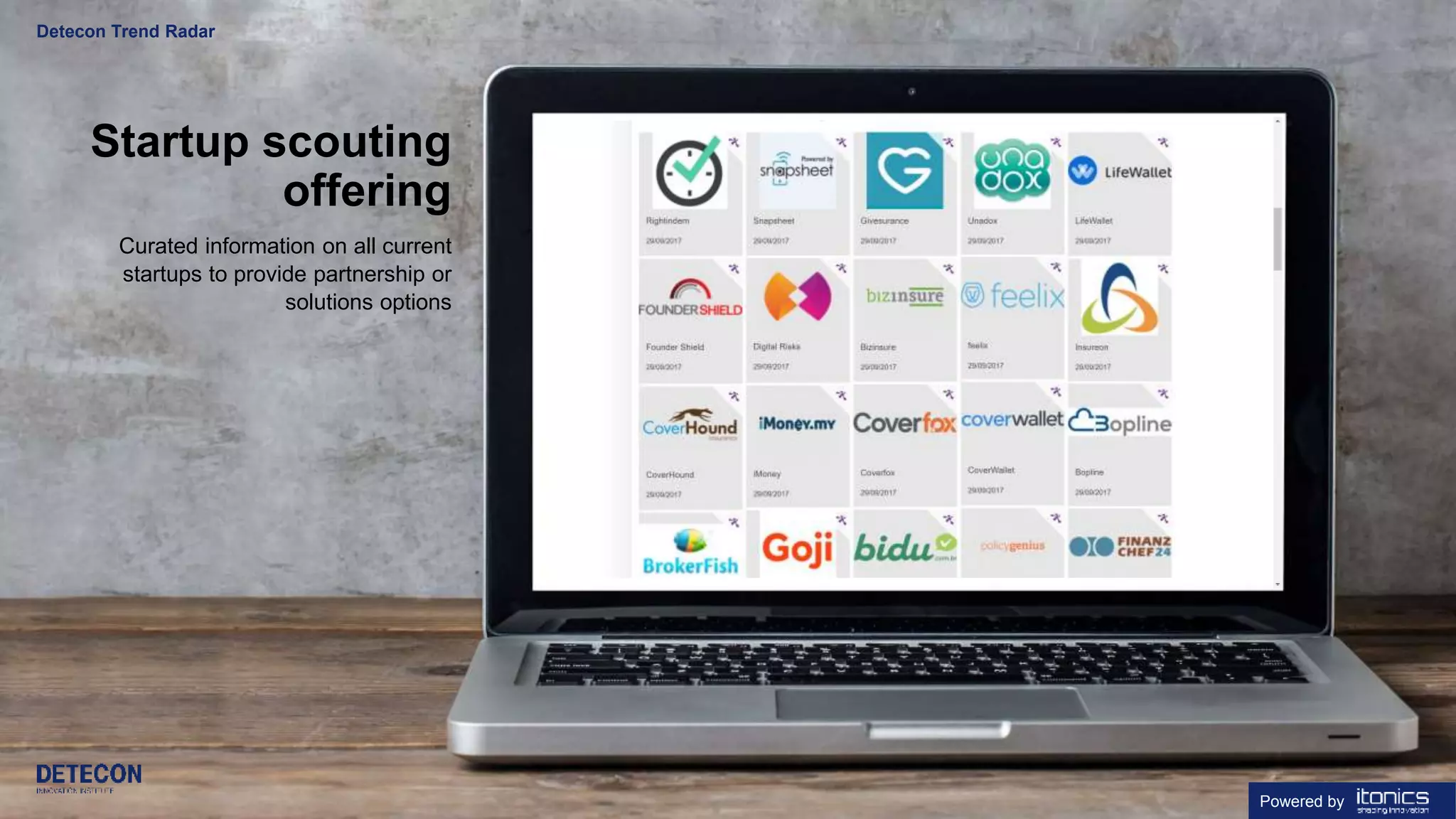 15 detecon-radar.com
Detecon Trend Radar
Startup scouting
offering
Curated information on all current
startups to provide partnership or
solutions options
Powered by
 