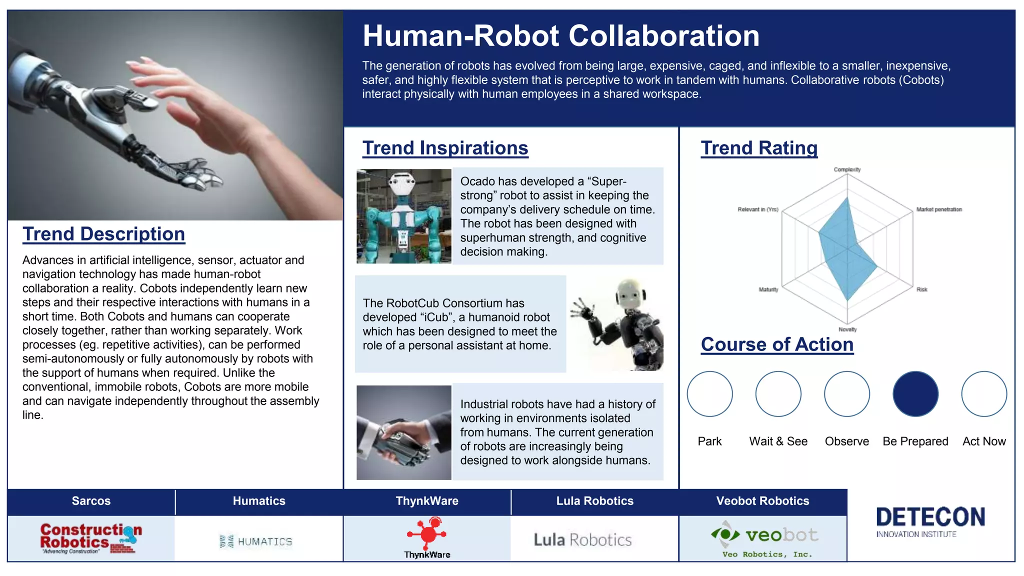 Trend Description
Advances in artificial intelligence, sensor, actuator and
navigation technology has made human-robot
collaboration a reality. Cobots independently learn new
steps and their respective interactions with humans in a
short time. Both Cobots and humans can cooperate
closely together, rather than working separately. Work
processes (eg. repetitive activities), can be performed
semi-autonomously or fully autonomously by robots with
the support of humans when required. Unlike the
conventional, immobile robots, Cobots are more mobile
and can navigate independently throughout the assembly
line.
Human-Robot Collaboration
Trend Inspirations Trend Rating
Course of Action
Park Wait & See Observe Be Prepared Act Now
The generation of robots has evolved from being large, expensive, caged, and inflexible to a smaller, inexpensive,
safer, and highly flexible system that is perceptive to work in tandem with humans. Collaborative robots (Cobots)
interact physically with human employees in a shared workspace.
Ocado has developed a “Super-
strong” robot to assist in keeping the
company’s delivery schedule on time.
The robot has been designed with
superhuman strength, and cognitive
decision making.
Industrial robots have had a history of
working in environments isolated
from humans. The current generation
of robots are increasingly being
designed to work alongside humans.
The RobotCub Consortium has
developed “iCub”, a humanoid robot
which has been designed to meet the
role of a personal assistant at home.
Sarcos Humatics ThynkWare Lula Robotics Veobot Robotics
 