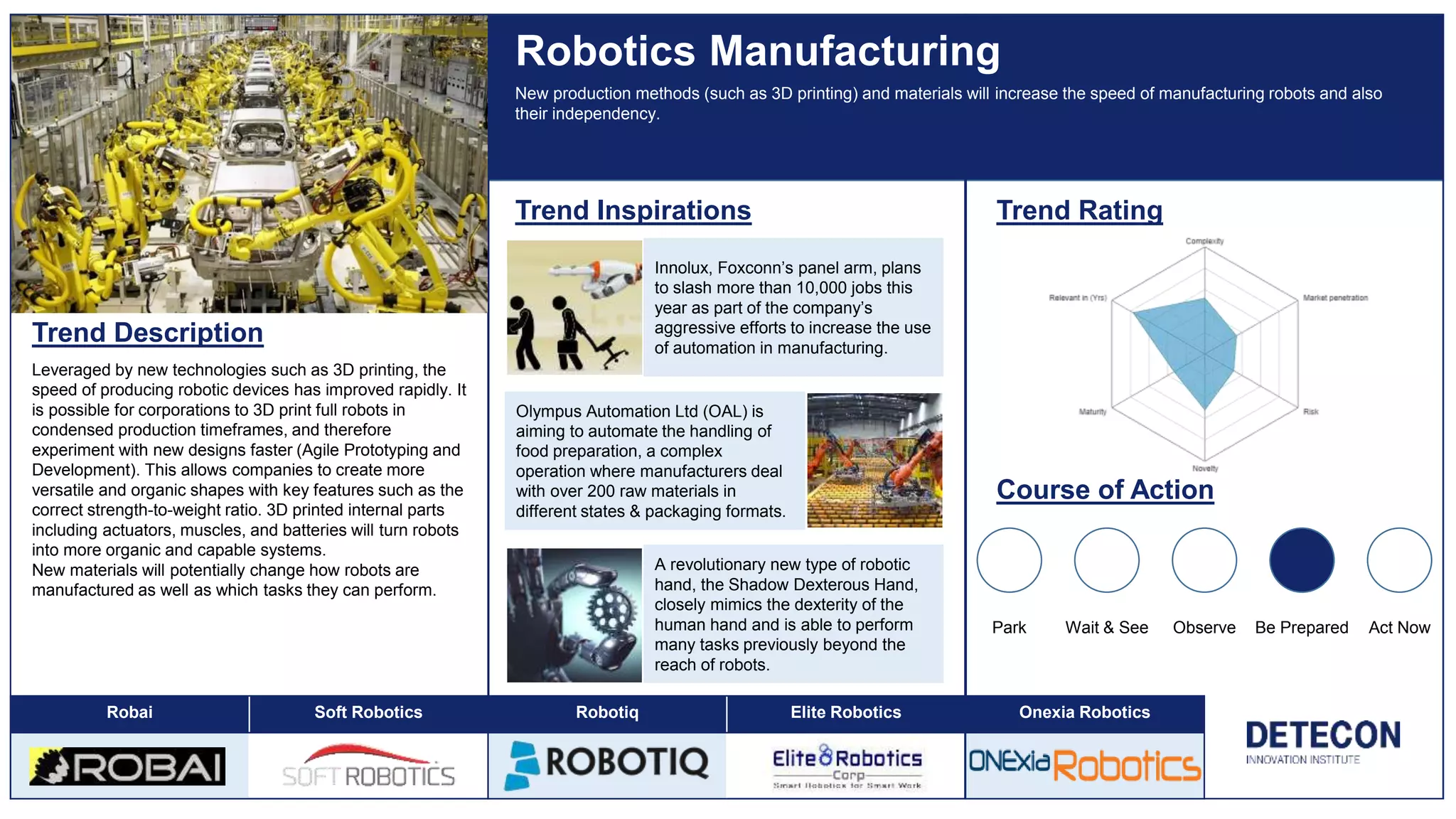 Trend Description
Leveraged by new technologies such as 3D printing, the
speed of producing robotic devices has improved rapidly. It
is possible for corporations to 3D print full robots in
condensed production timeframes, and therefore
experiment with new designs faster (Agile Prototyping and
Development). This allows companies to create more
versatile and organic shapes with key features such as the
correct strength-to-weight ratio. 3D printed internal parts
including actuators, muscles, and batteries will turn robots
into more organic and capable systems.
New materials will potentially change how robots are
manufactured as well as which tasks they can perform.
Robotics Manufacturing
Trend Inspirations Trend Rating
Course of Action
Park Wait & See Observe Be Prepared Act Now
New production methods (such as 3D printing) and materials will increase the speed of manufacturing robots and also
their independency.
Innolux, Foxconn’s panel arm, plans
to slash more than 10,000 jobs this
year as part of the company’s
aggressive efforts to increase the use
of automation in manufacturing.
A revolutionary new type of robotic
hand, the Shadow Dexterous Hand,
closely mimics the dexterity of the
human hand and is able to perform
many tasks previously beyond the
reach of robots.
Olympus Automation Ltd (OAL) is
aiming to automate the handling of
food preparation, a complex
operation where manufacturers deal
with over 200 raw materials in
different states & packaging formats.
Robai Soft Robotics Robotiq Elite Robotics Onexia Robotics
 