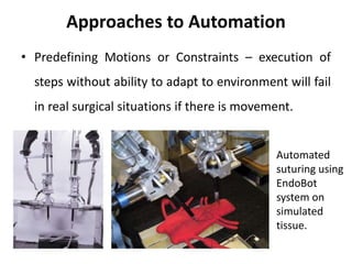 Approaches to Automation
• Predefining Motions or Constraints – execution of
steps without ability to adapt to environment will fail
in real surgical situations if there is movement.
Automated
suturing using
EndoBot
system on
simulated
tissue.
 
