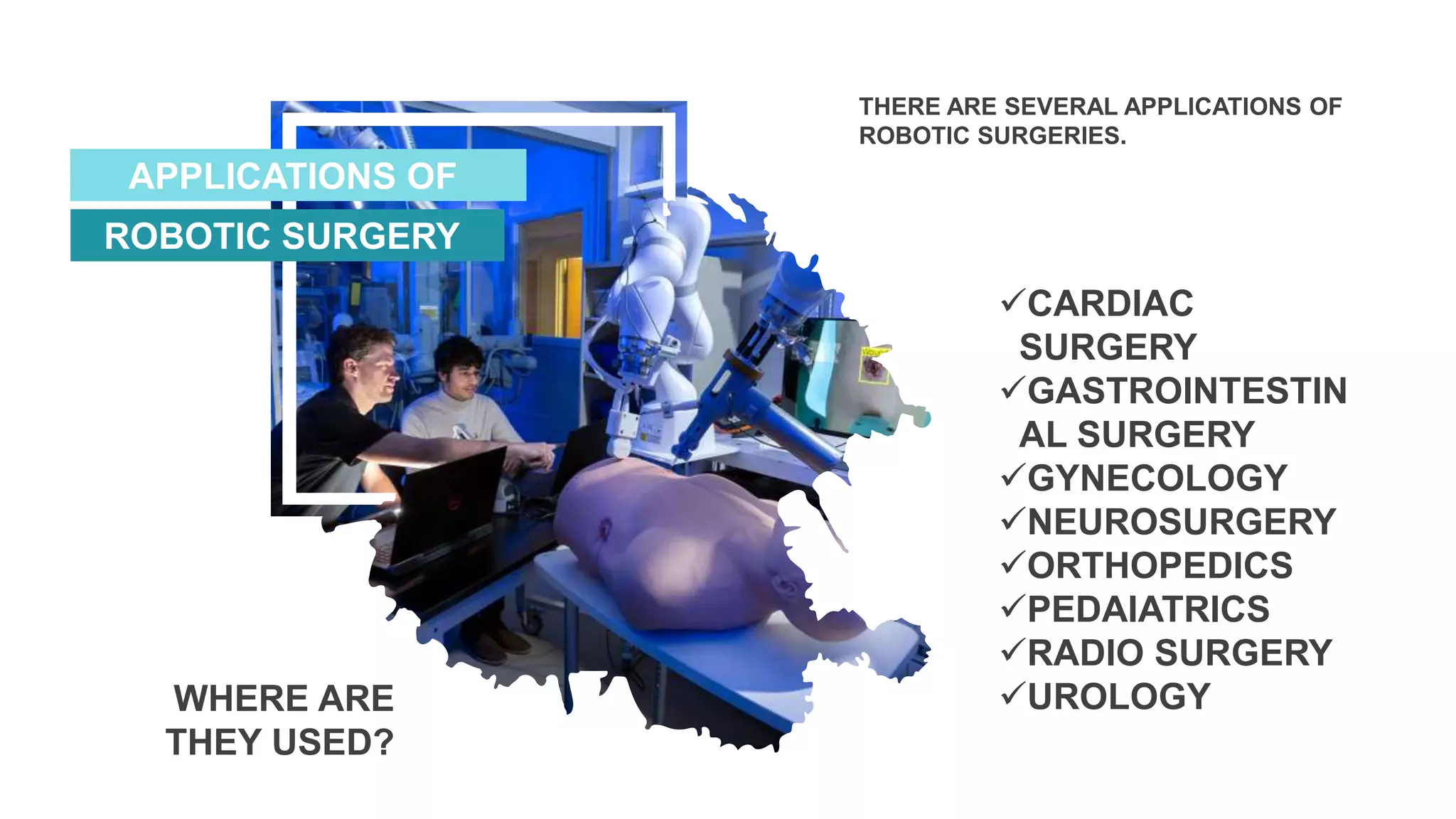 APPLICATIONS OF
ROBOTIC SURGERY
WHERE ARE
THEY USED?
THERE ARE SEVERAL APPLICATIONS OF
ROBOTIC SURGERIES.
CARDIAC
SURGERY
GASTROINTESTIN
AL SURGERY
GYNECOLOGY
NEUROSURGERY
ORTHOPEDICS
PEDAIATRICS
RADIO SURGERY
UROLOGY
 