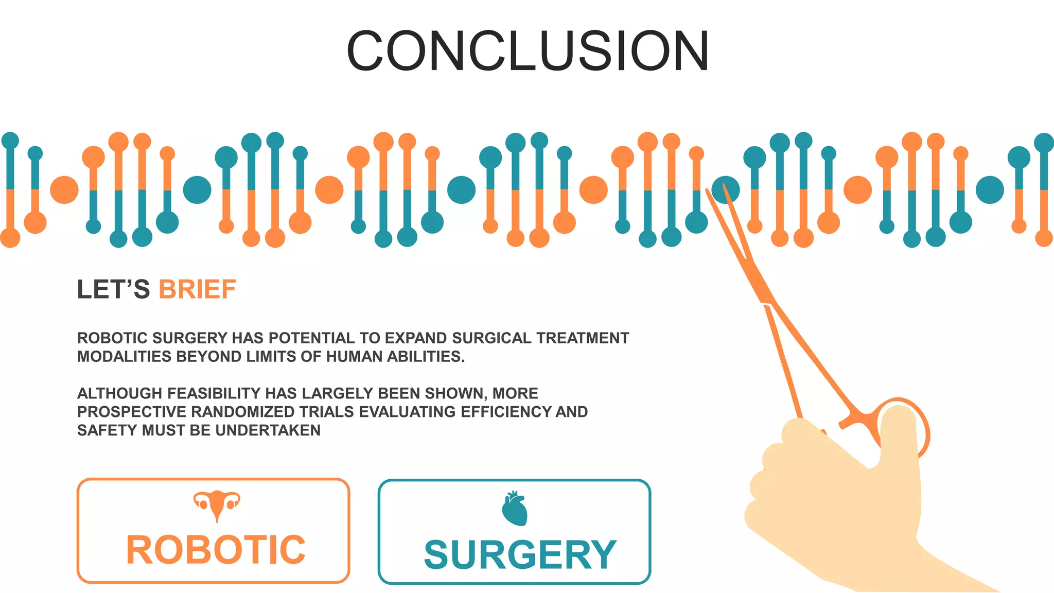 CONCLUSION
LET’S BRIEF
ROBOTIC SURGERY HAS POTENTIAL TO EXPAND SURGICAL TREATMENT
MODALITIES BEYOND LIMITS OF HUMAN ABILITIES.
ALTHOUGH FEASIBILITY HAS LARGELY BEEN SHOWN, MORE
PROSPECTIVE RANDOMIZED TRIALS EVALUATING EFFICIENCY AND
SAFETY MUST BE UNDERTAKEN
SURGERYROBOTIC
 