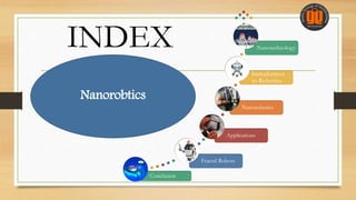 INDEX
Conclusion
Fractal Robots
Applications
Nanorobotics
Introduction
to Robotics
Nanotechnology
Nanorobtics
 