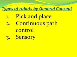 Types of robots by General Concept
1. Pick and place
2. Continuous path
control
3. Sensory
 