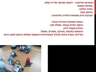 ‫רובוטיקה‬‫ופדגוגיה‬–‫דוגמה‬‫משיעור‬‫של‬‫דני‬‫קלוס‬:
-‫משימה‬‫פשוטה‬
-‫חווית‬‫הצלחה‬
-‫שיתוף‬‫בנות‬
-‫סביבת‬‫הידע‬‫מאפשרת‬‫למידה‬‫הוליסטית‬:
-‫הבנת‬‫המשימה‬‫והגדרת‬‫הבעיה‬
-‫איסוף‬‫המידע‬‫ועיבו‬‫ד‬.‫שאלת‬‫חקר‬.
-‫המידע‬‫מעובד‬‫לידע‬.
-‫התנסות‬‫בתכנות‬,‫מכניקה‬,‫חומרים‬,‫חשמל‬.
-‫מדידות‬,‫בקרת‬‫איכות‬‫ותהליך‬‫אופטימיזציה‬-‫התאמת‬‫פעולות‬‫הרובוט‬‫למצב‬‫הרצוי‬
 
