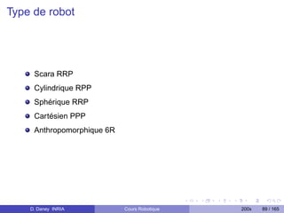 Type de robot




     Scara RRP
     Cylindrique RPP
     Sphérique RRP
     Cartésien PPP
     Anthropomorphique 6R




    D. Daney INRIA          Cours Robotique   200x   89 / 165
 